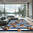 Navy Striped Chocolate Paw Print Rug
