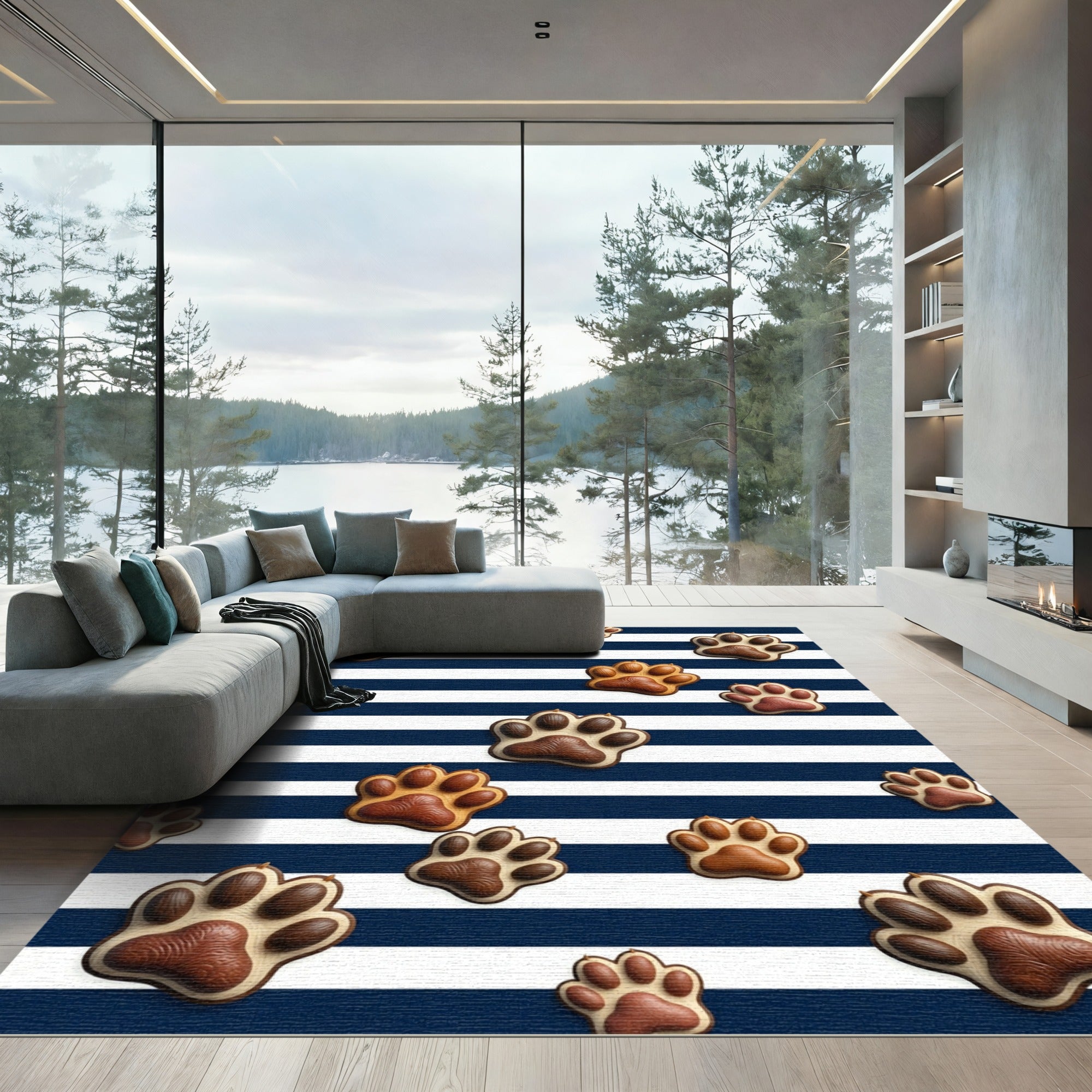 Navy Striped Chocolate Paw Print Rug