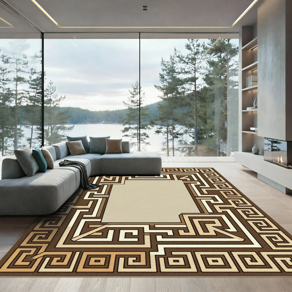 Brown Golden Geometric Maze Border Rug