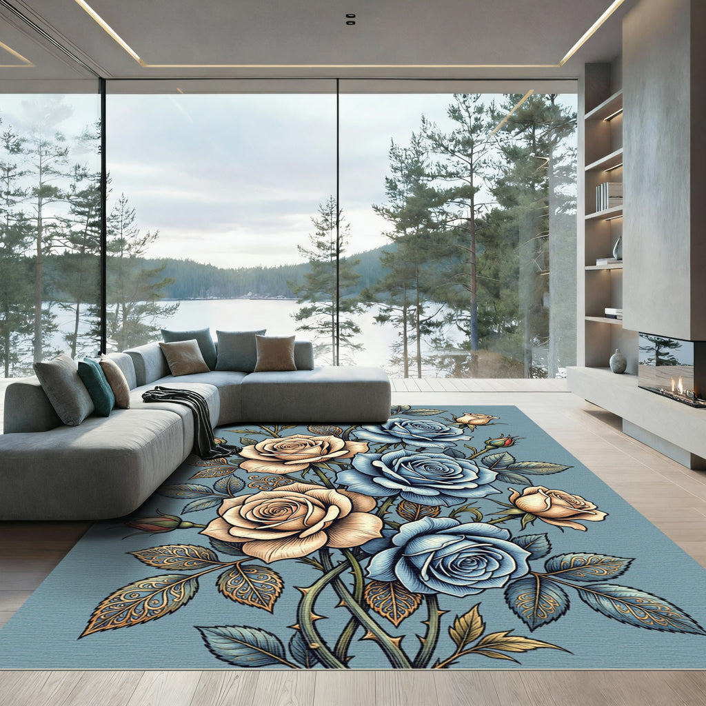 Elegant Blue and Cream Floral Rose Bouquet Rug