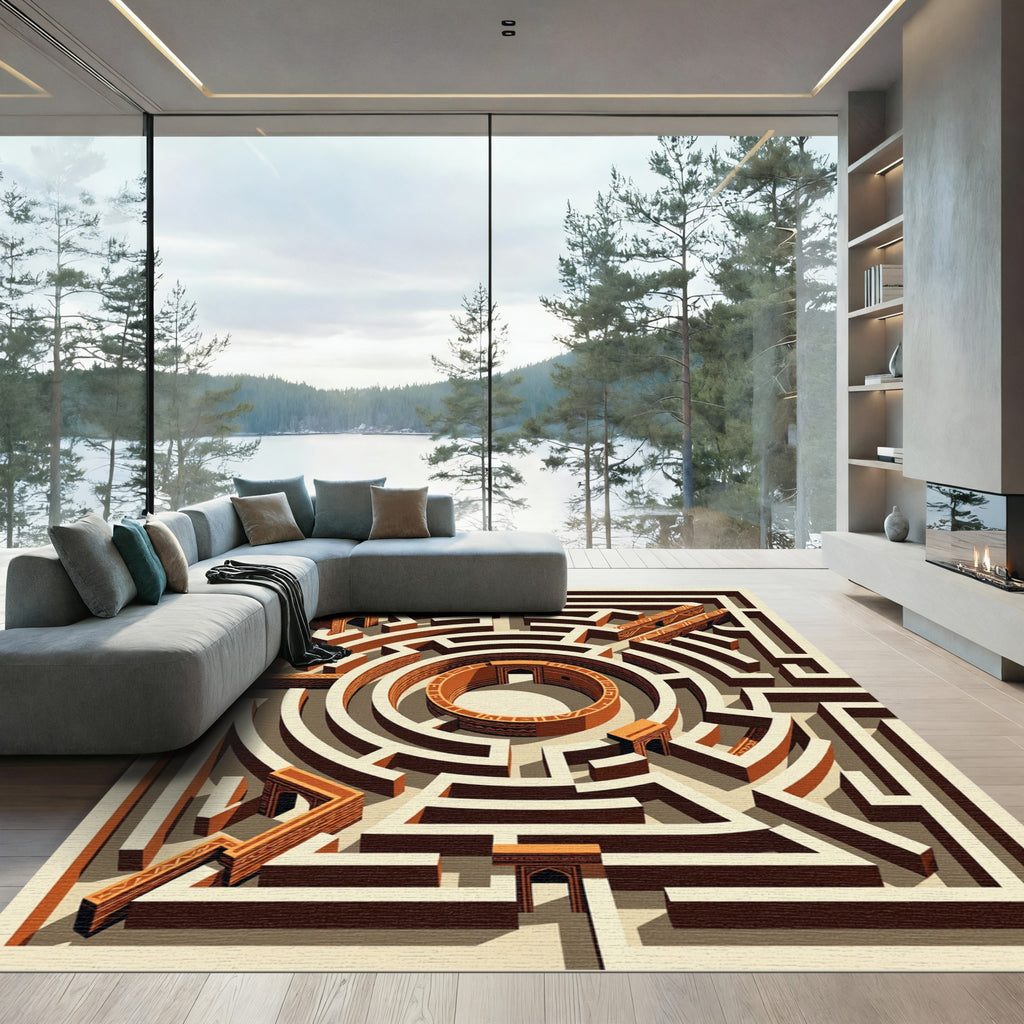 Terracotta Labyrinth Geometric Abstract Architectural Art Rug