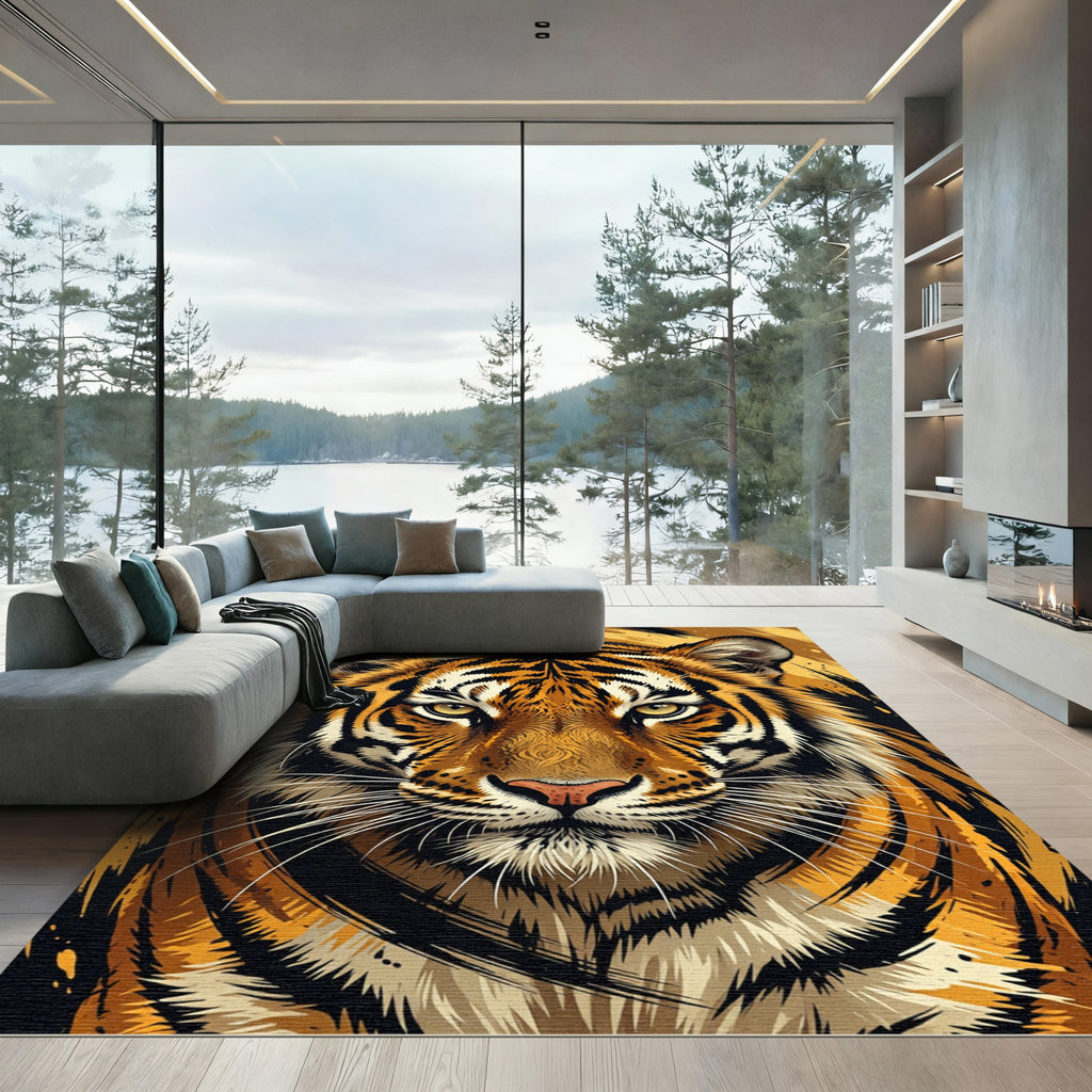Bold Tiger Face Orange Black Rug
