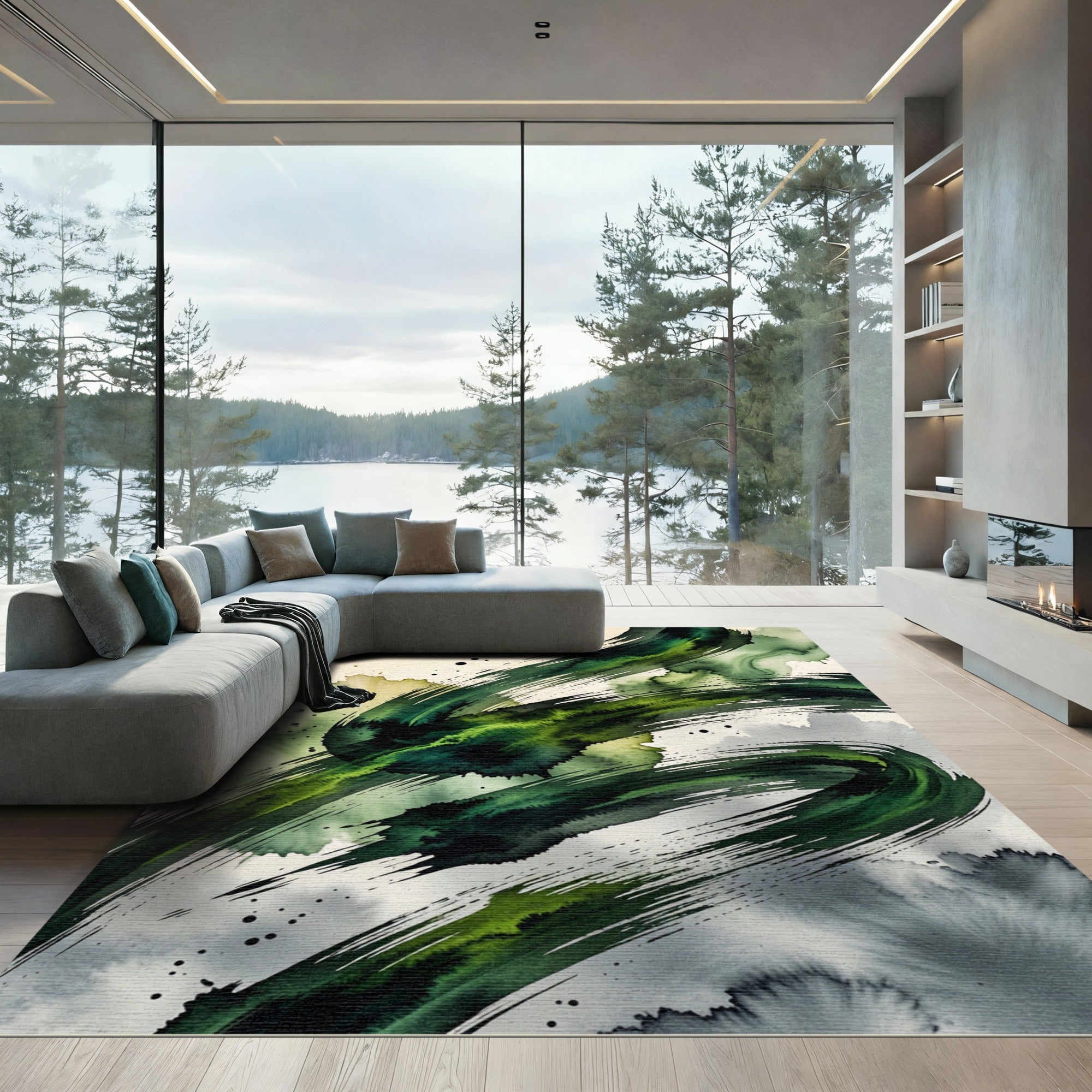 Emerald Abstract Ink Brush Stroke Swirl Rug