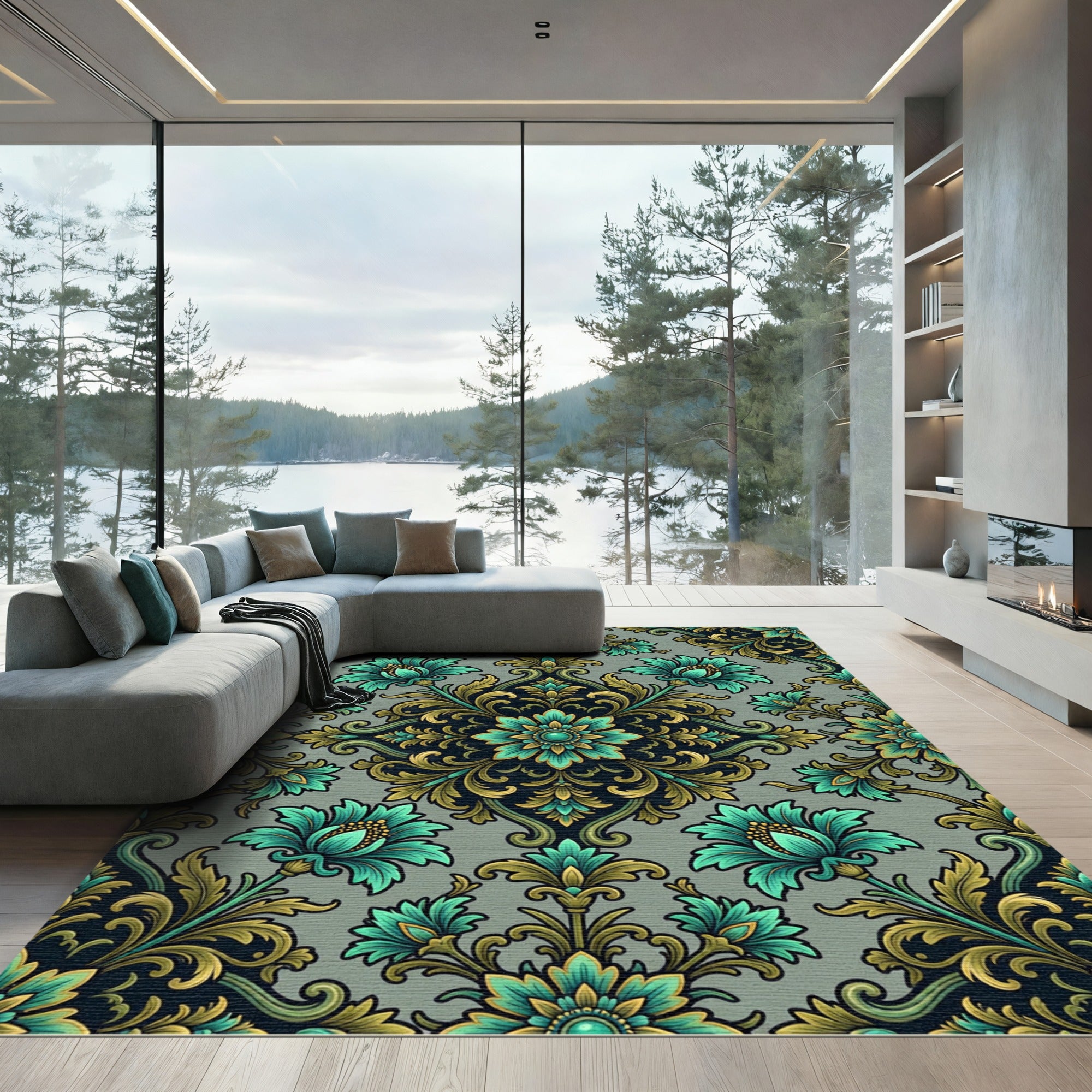 Aqua Gold Floral Damask Rug