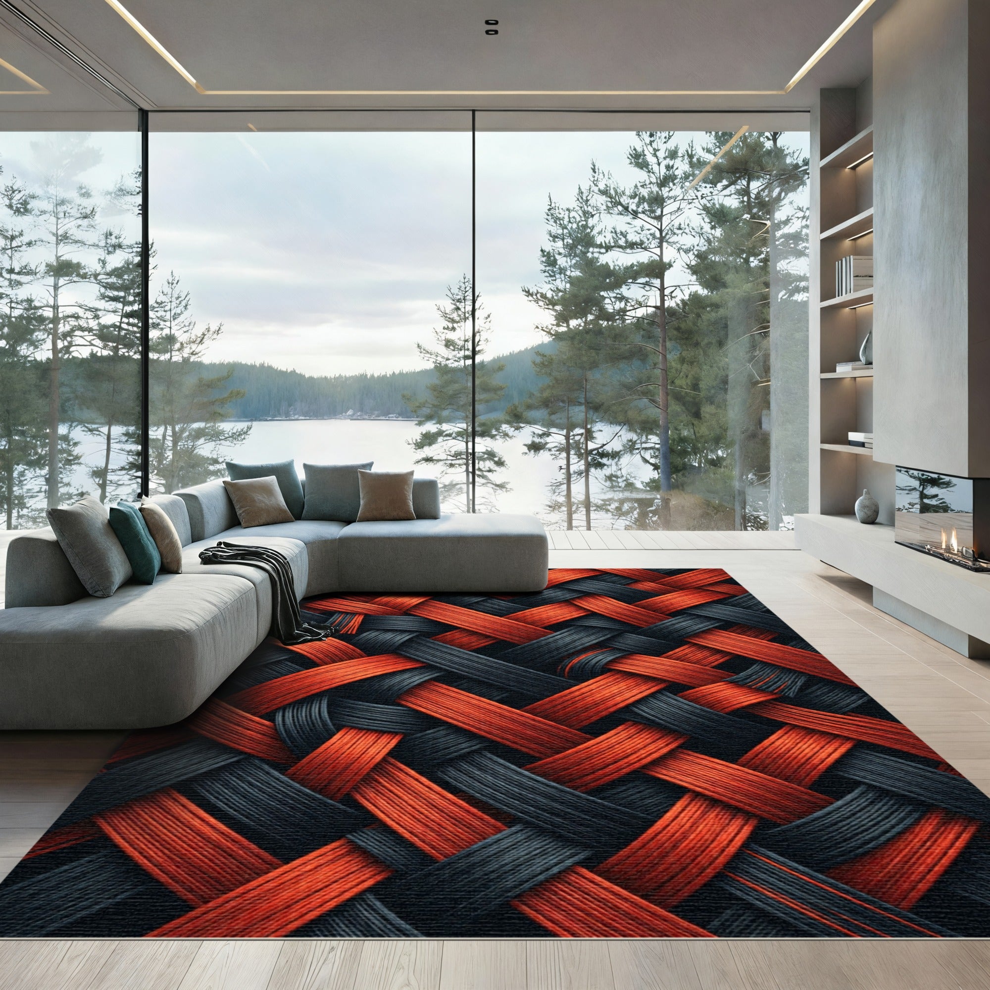 Bold Crimson and Charcoal Interwoven Weave Rug