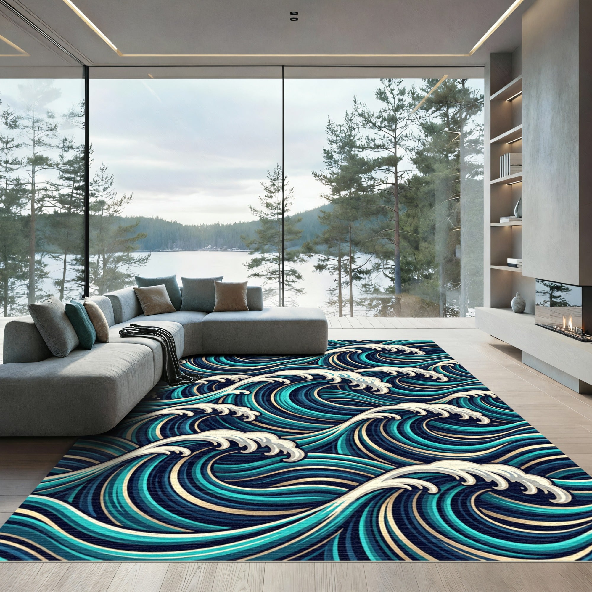Deep Blue Ocean Wave Swirls Rug