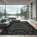 Ornate Black and Silver Floral Medallions Rug