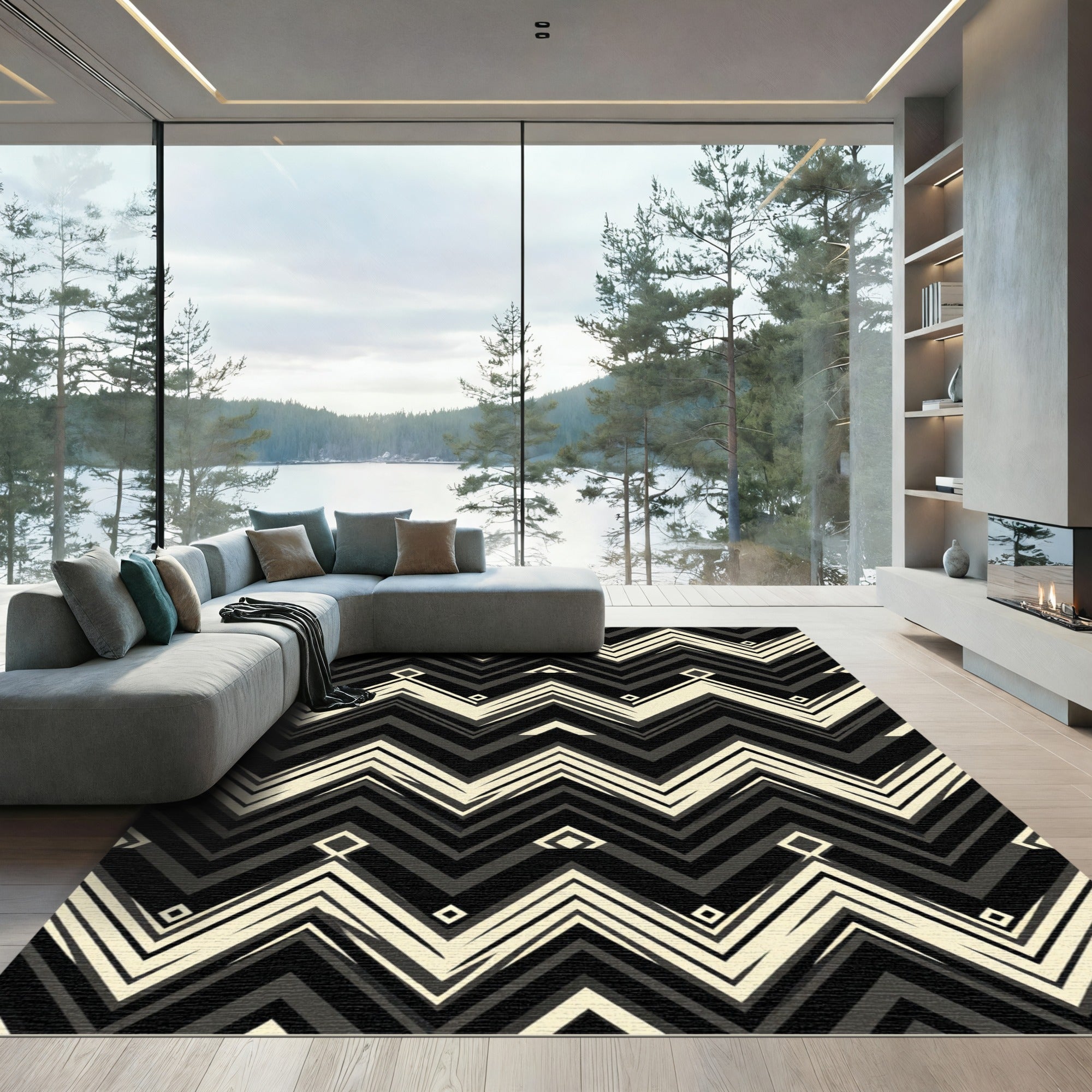 Striking Black Cream Geometric Zigzag Rug