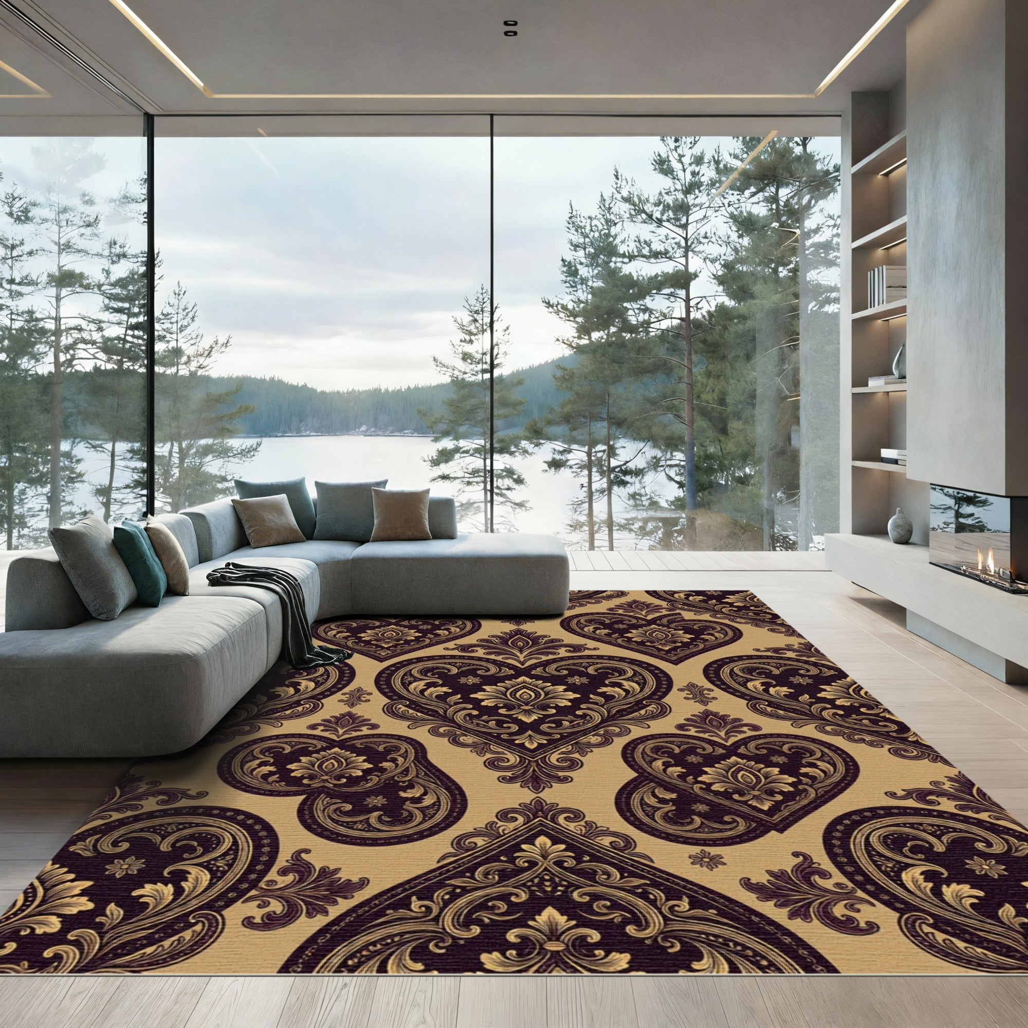 Rich Aubergine Heart Scroll Classic Rug