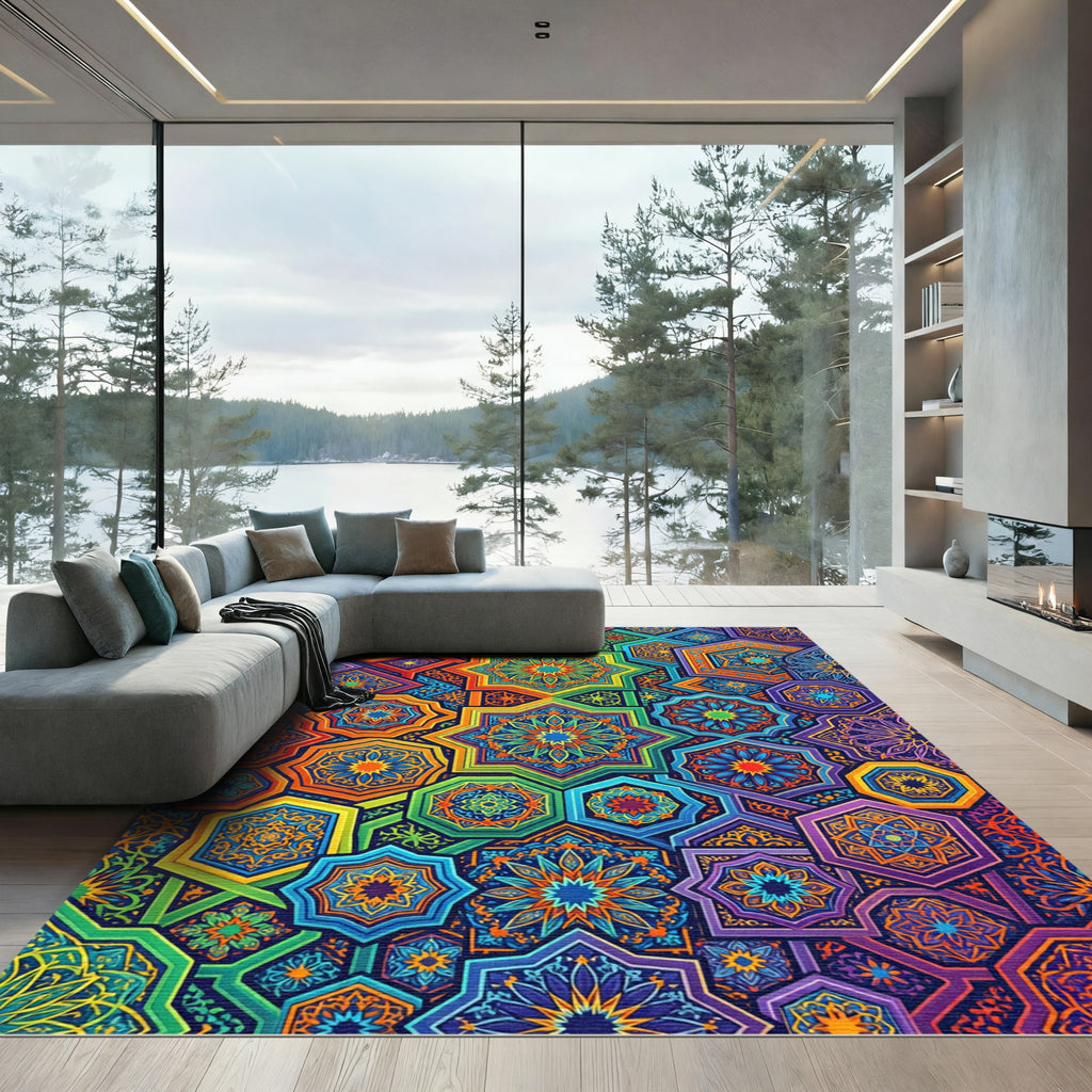 Vibrant Kaleidoscope Geometric Hexagon Mosaic Rug