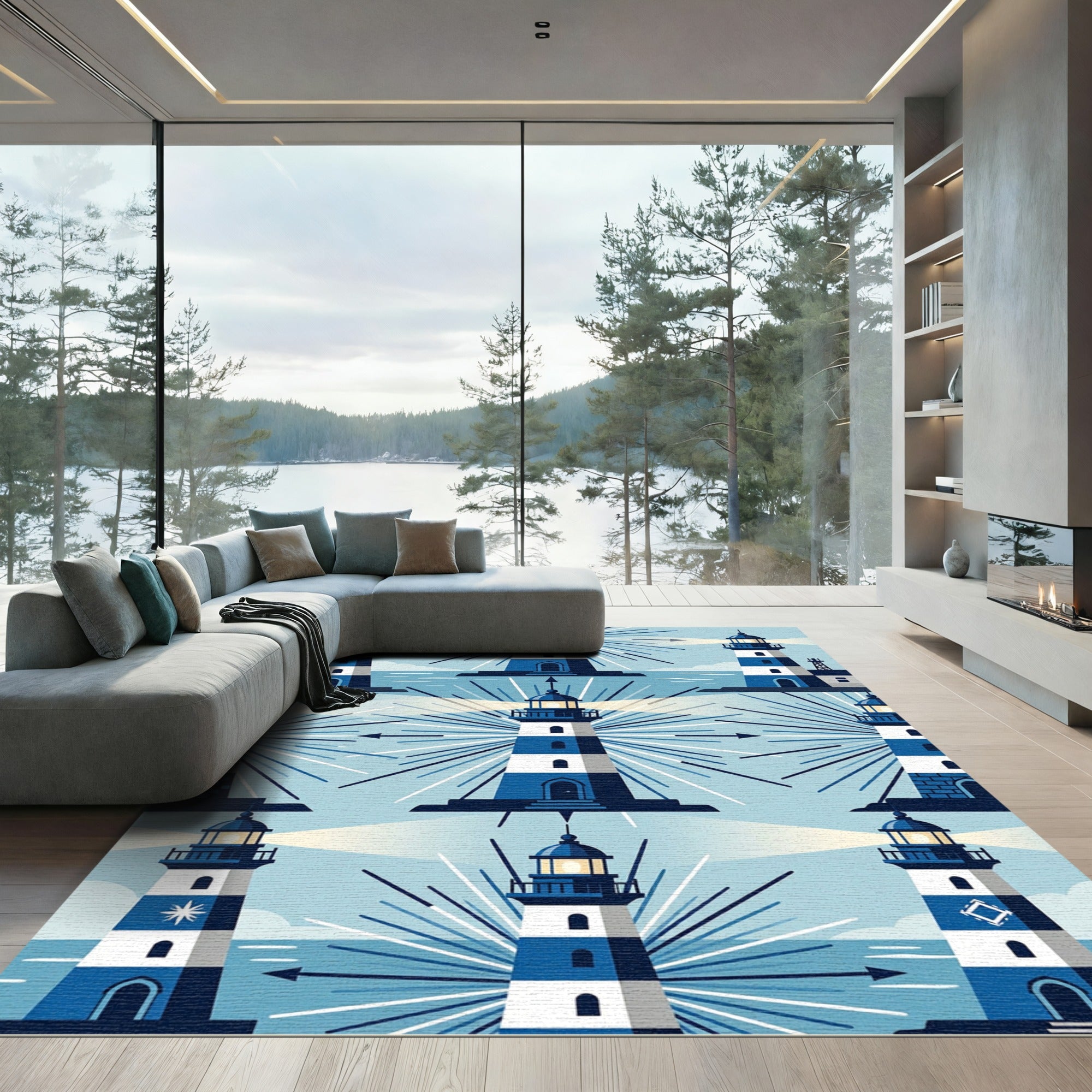 Nautical Blue And White Lighthouse Grid Rug