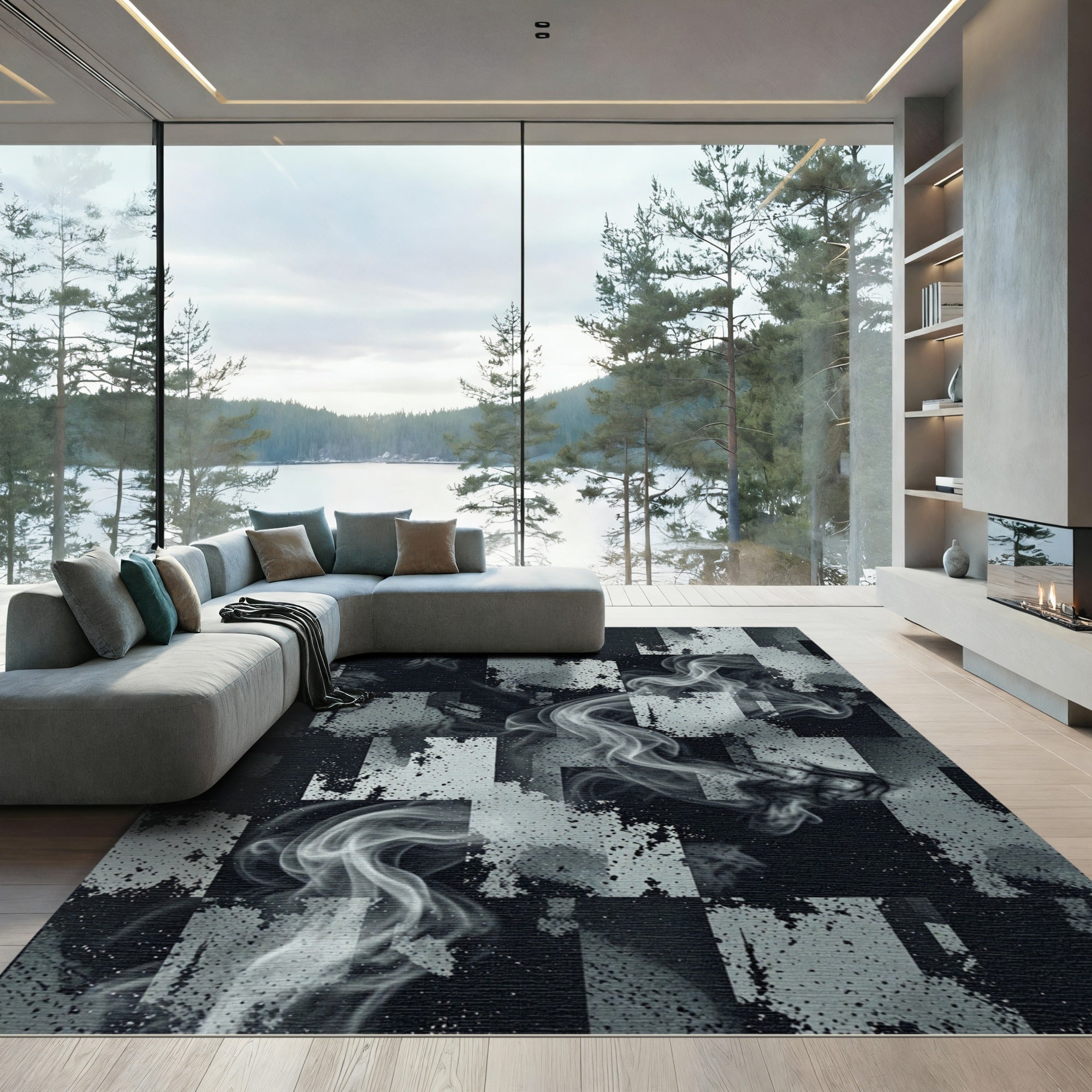 Smoky Monochrome Abstract Checked Tile Rug