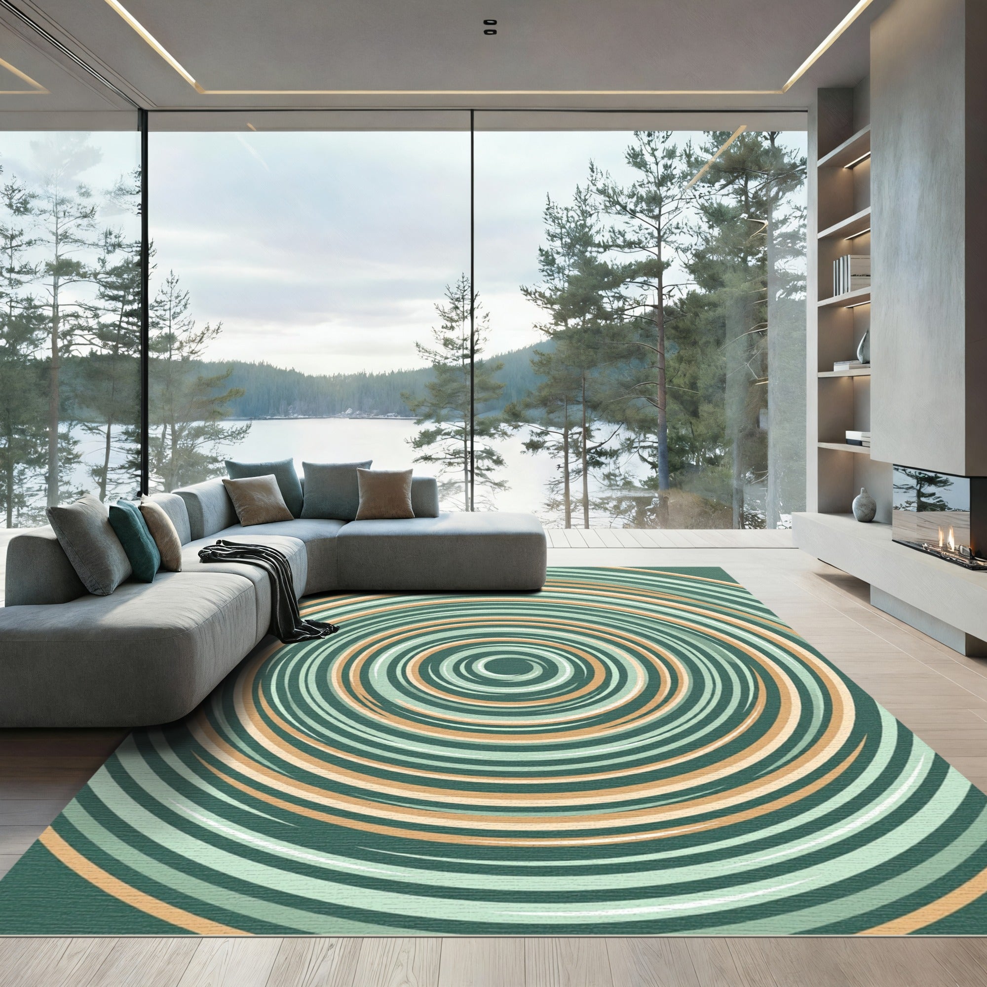 Sage Green and Ochre Concentric Circles Rug