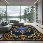 Ornate Golden Scroll Navy Royal Medallion Rug