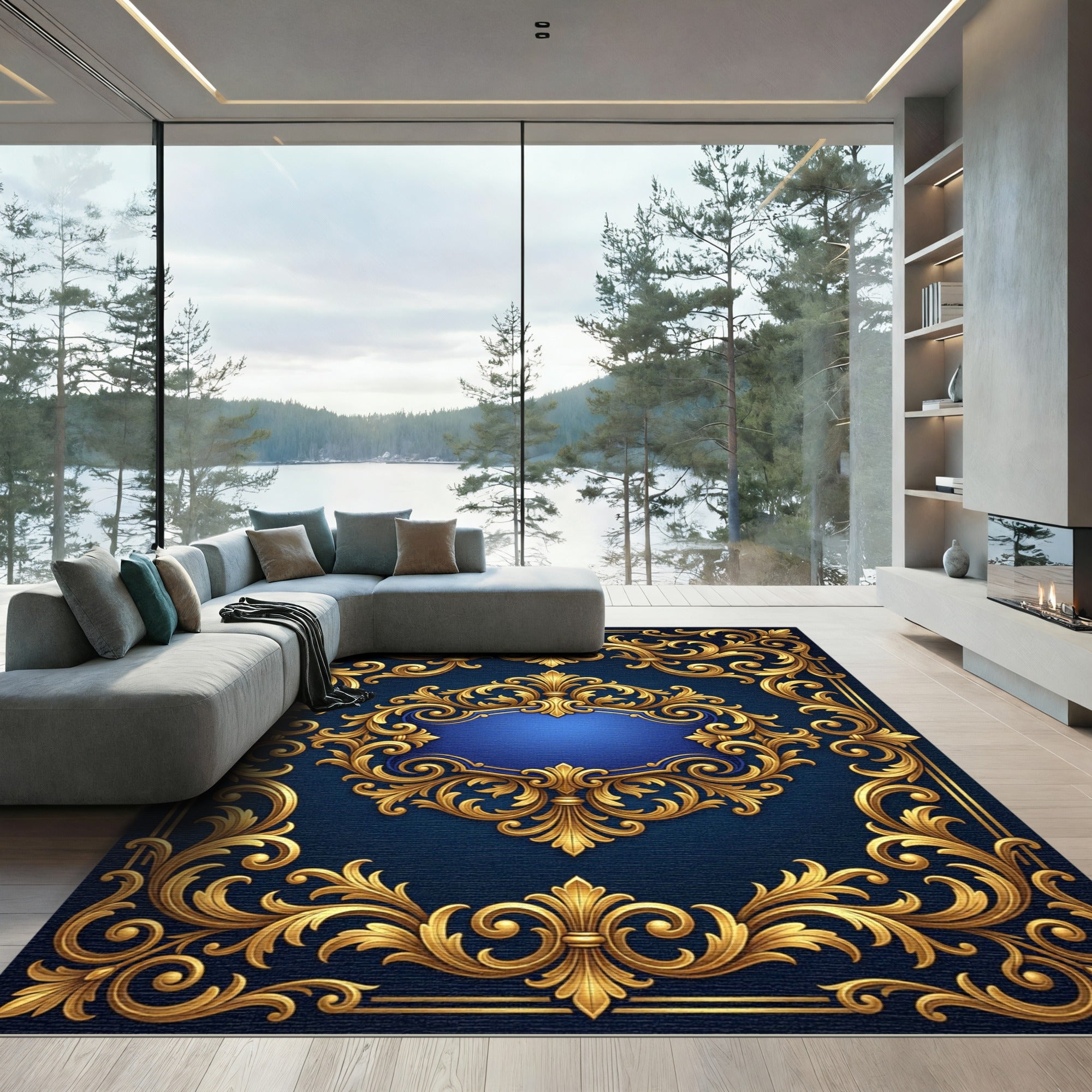 Ornate Golden Scroll Navy Royal Medallion Rug