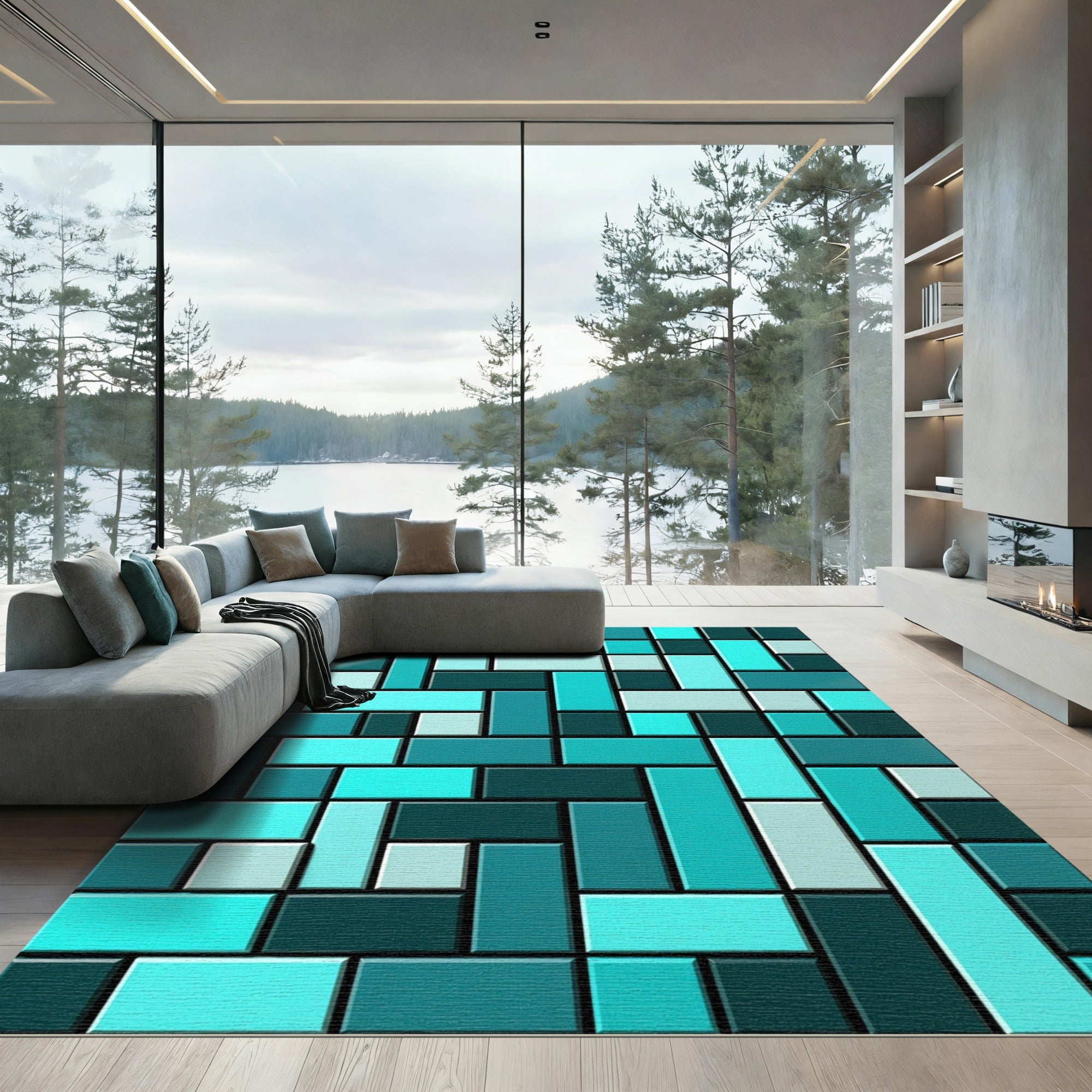 Modern Cyan Geometric Block Mosaic Rug