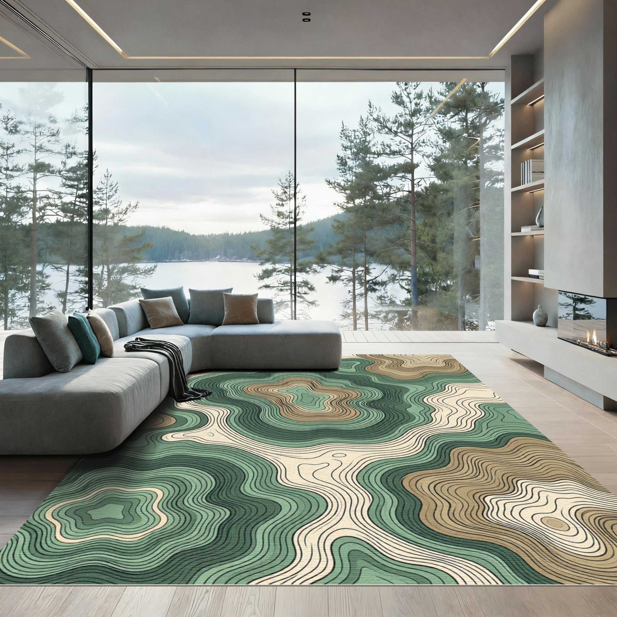 Sage Green Earthy Contoured Topographic Rug