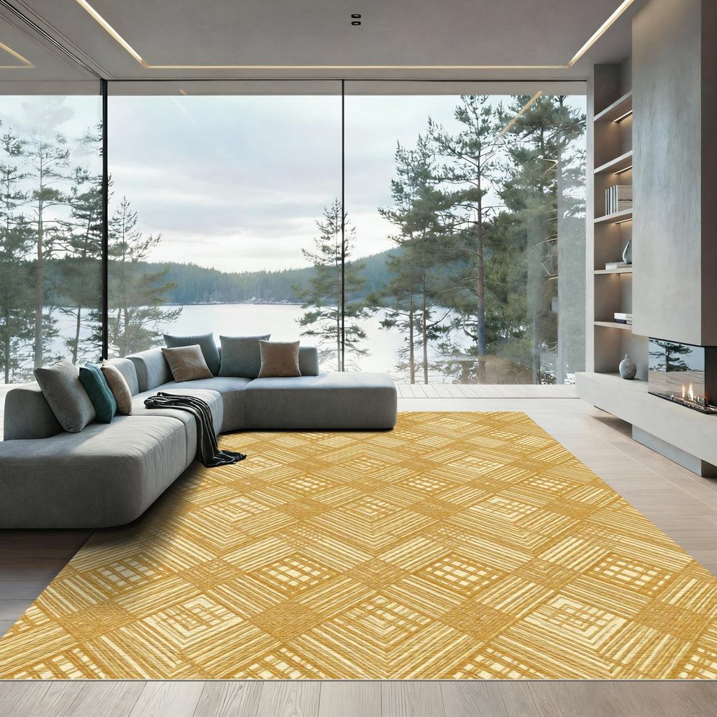Golden Geometric Lattice Textured Weave Rug