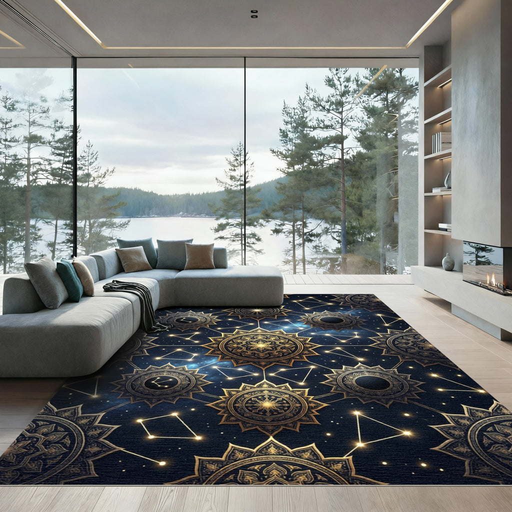 Golden Celestial Star Constellation Mandala Rug