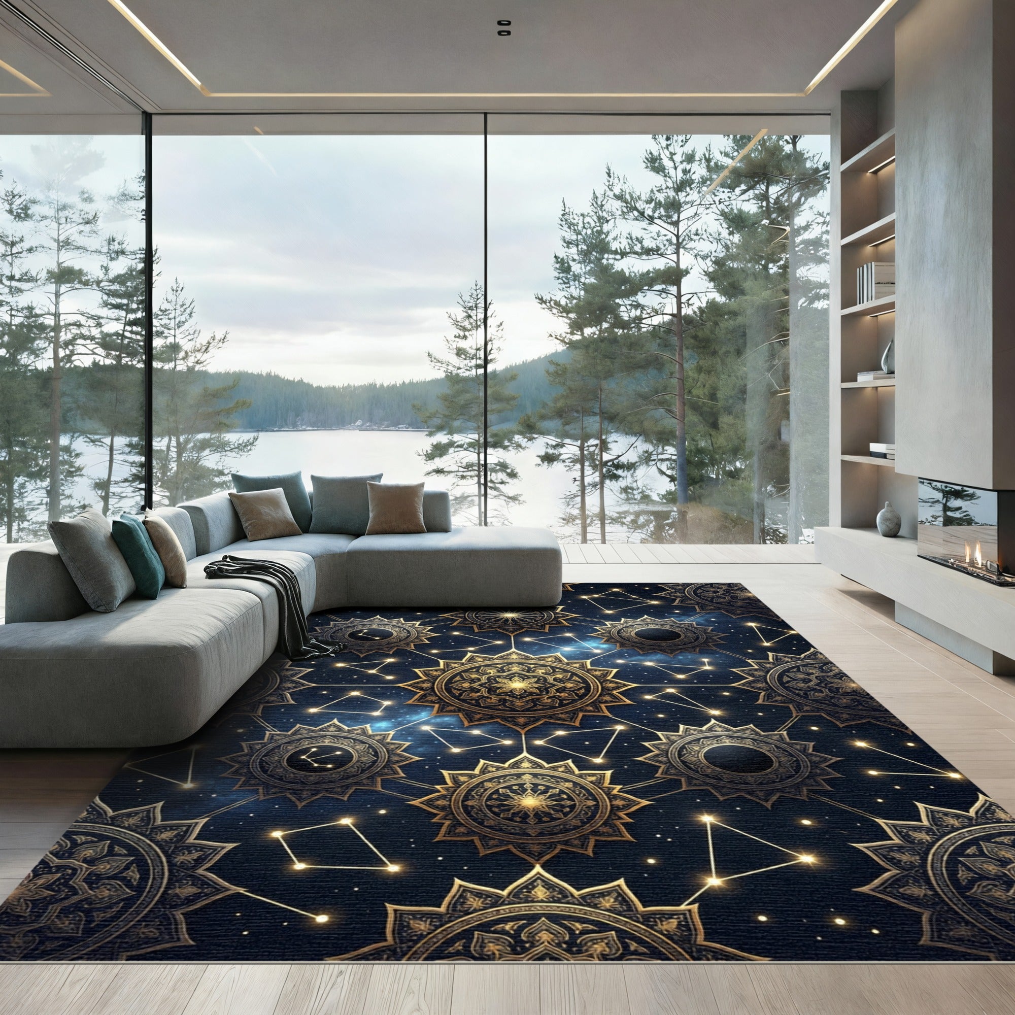 Golden Celestial Star Constellation Mandala Rug