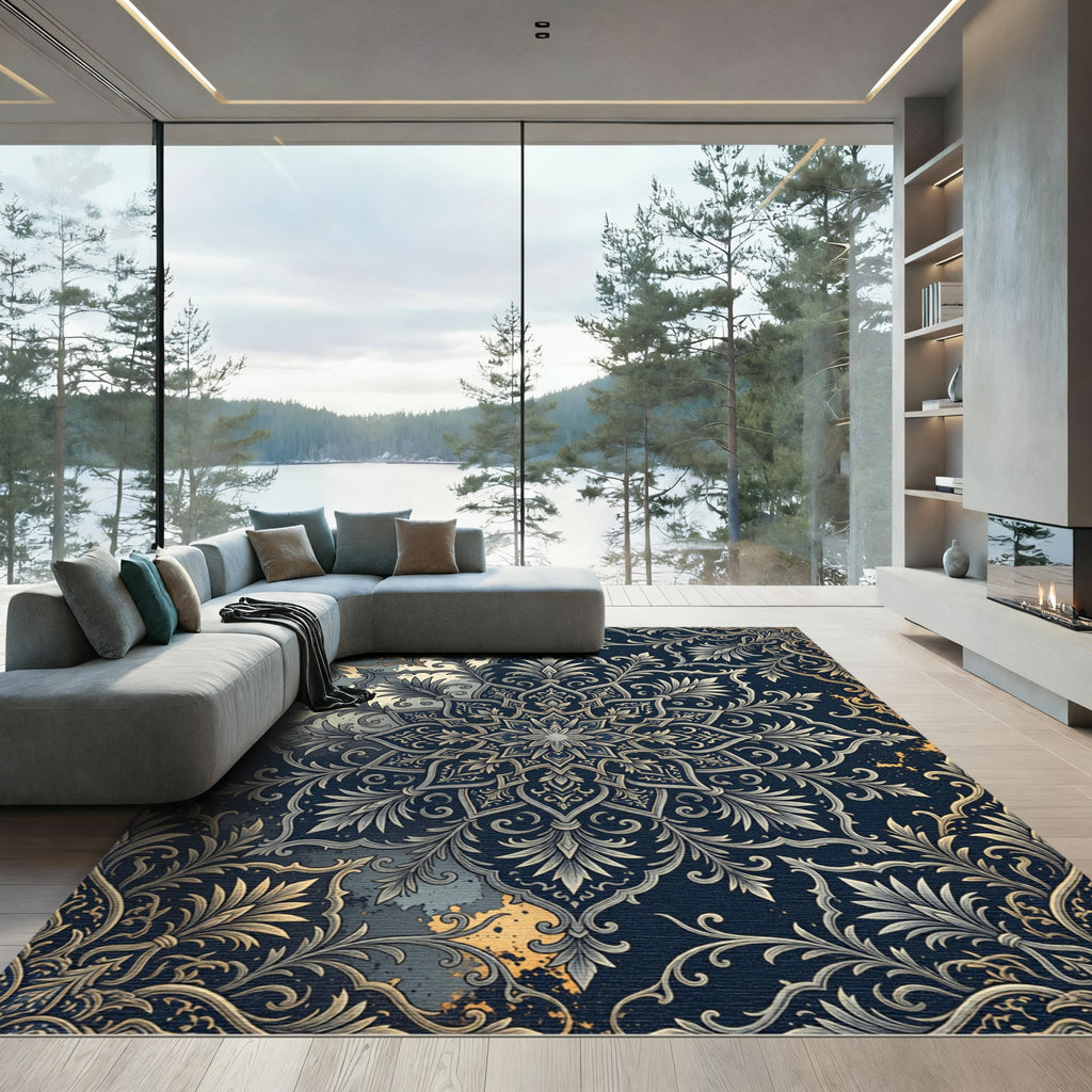 Elegant Navy Gold Ornate Floral Medallion Rug