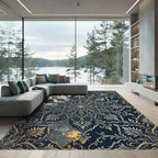 Elegant Navy Gold Ornate Floral Medallion Rug