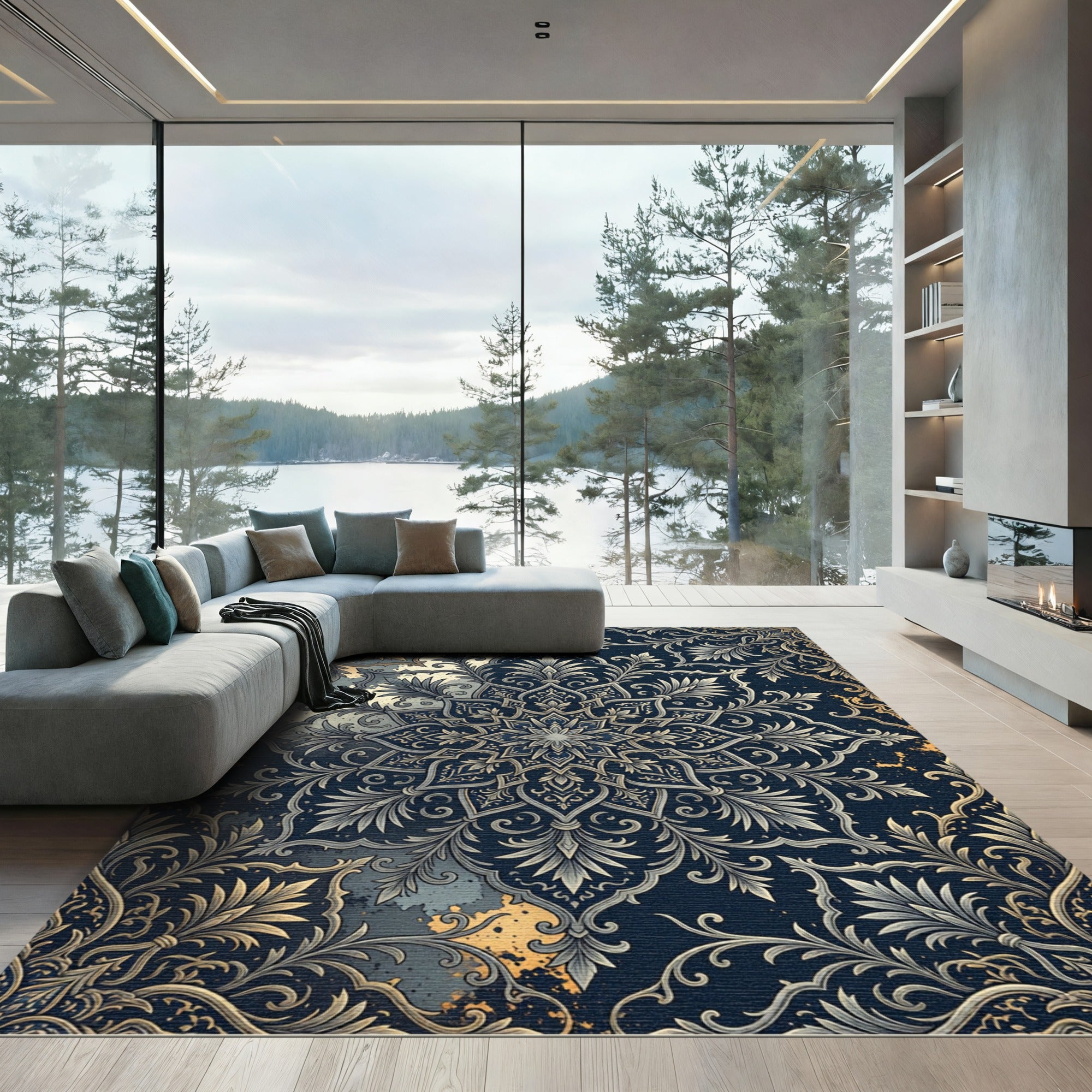 Elegant Navy Gold Ornate Floral Medallion Rug