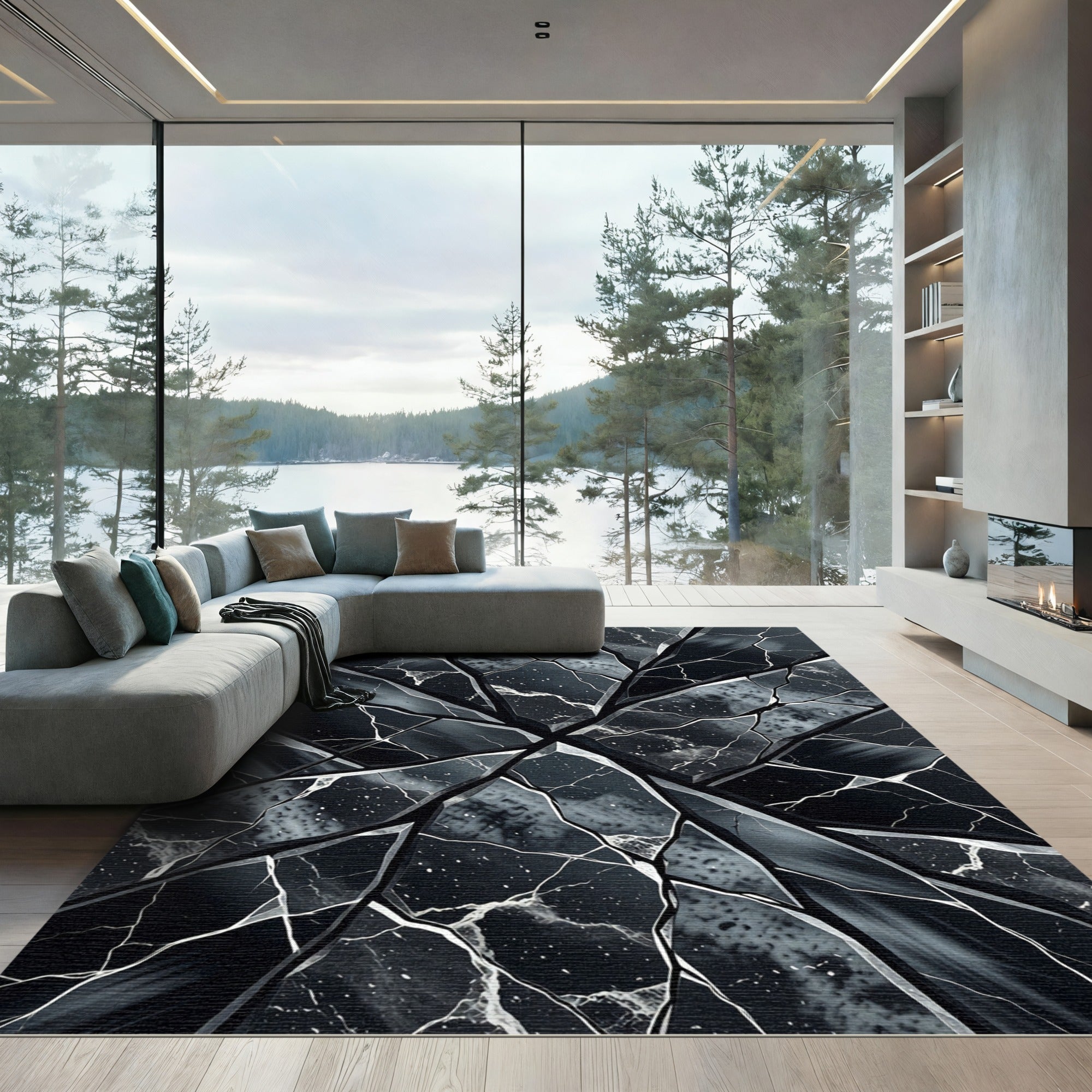 Abstract Black White Geo Marble Rug