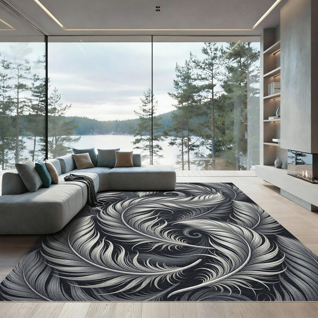 Monochromatic Feather Swirl Composition Rug