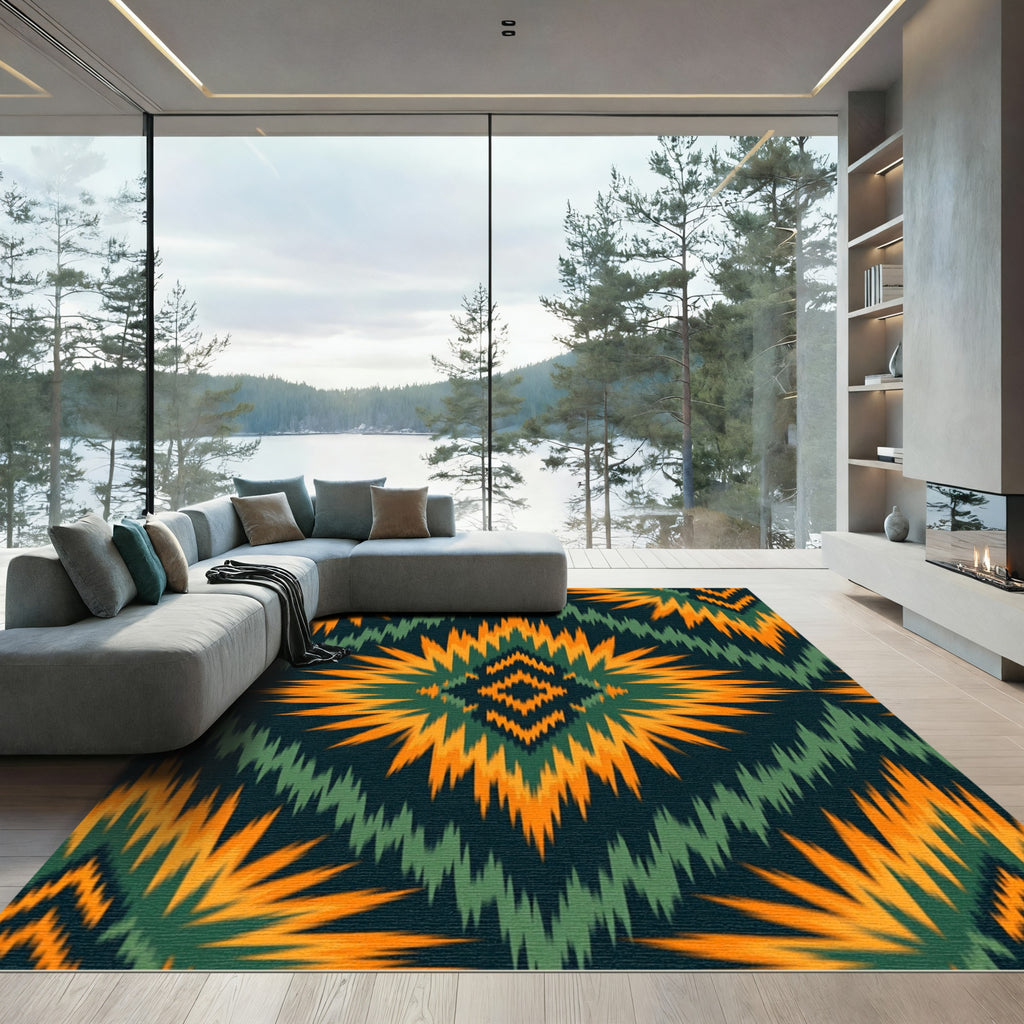 Vibrant Orange Teal Sunburst Ikat Rug