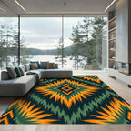 Vibrant Orange Teal Sunburst Ikat Rug