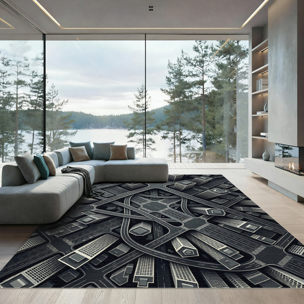 Monochrome Urban Cityscape Highway Overpass Rug
