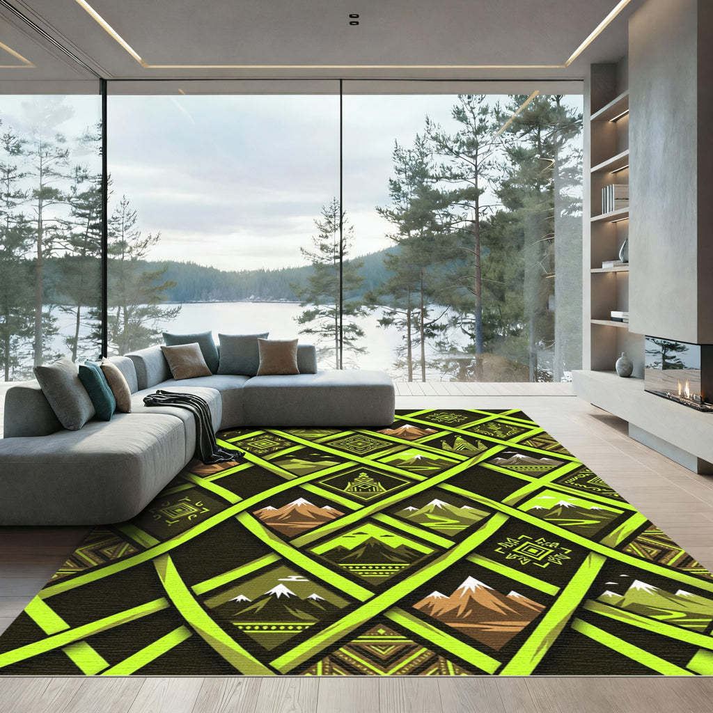 Vibrant Lime Geometric Mountain Landscape Rug