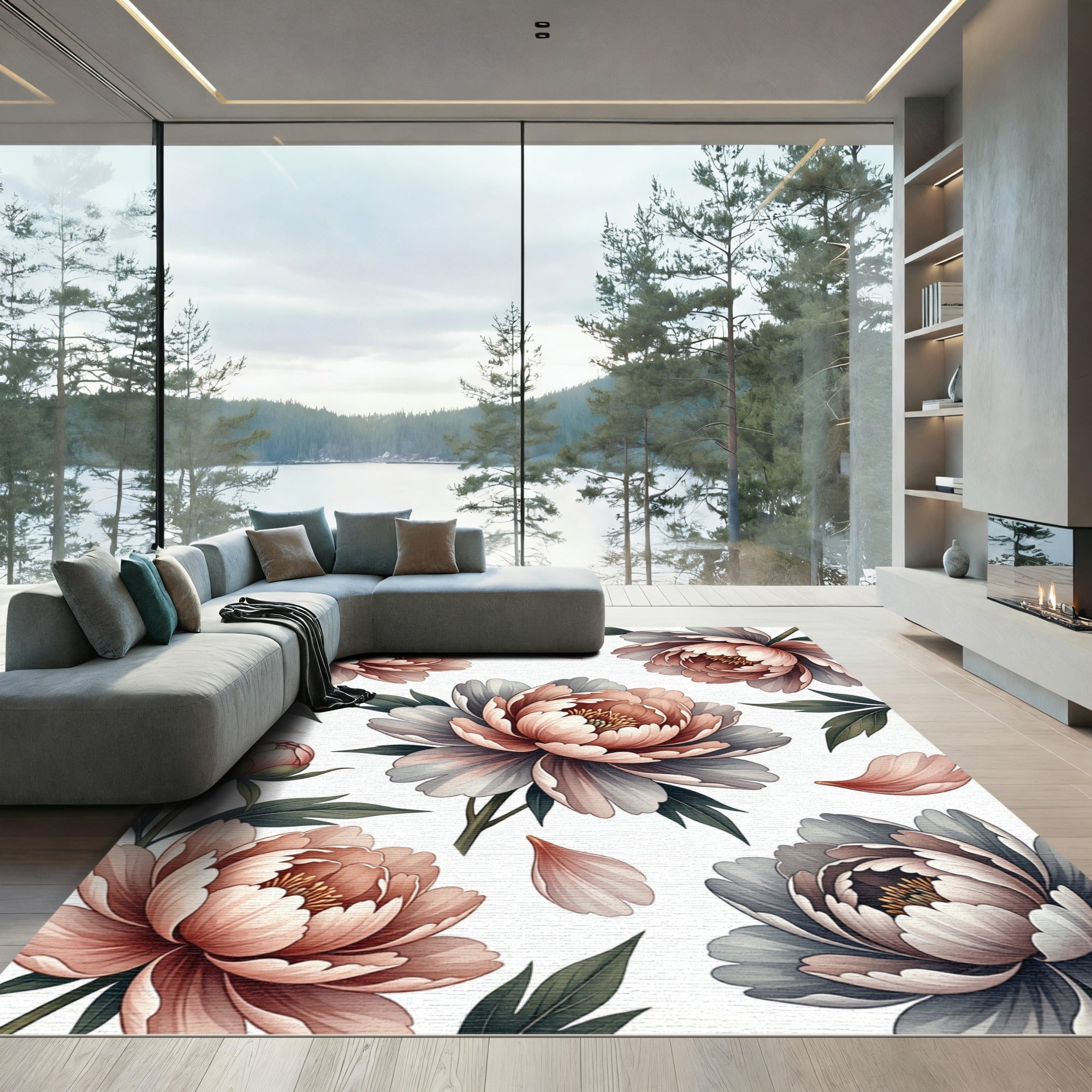Soft Pink Gray Peony Garden Floral Rug