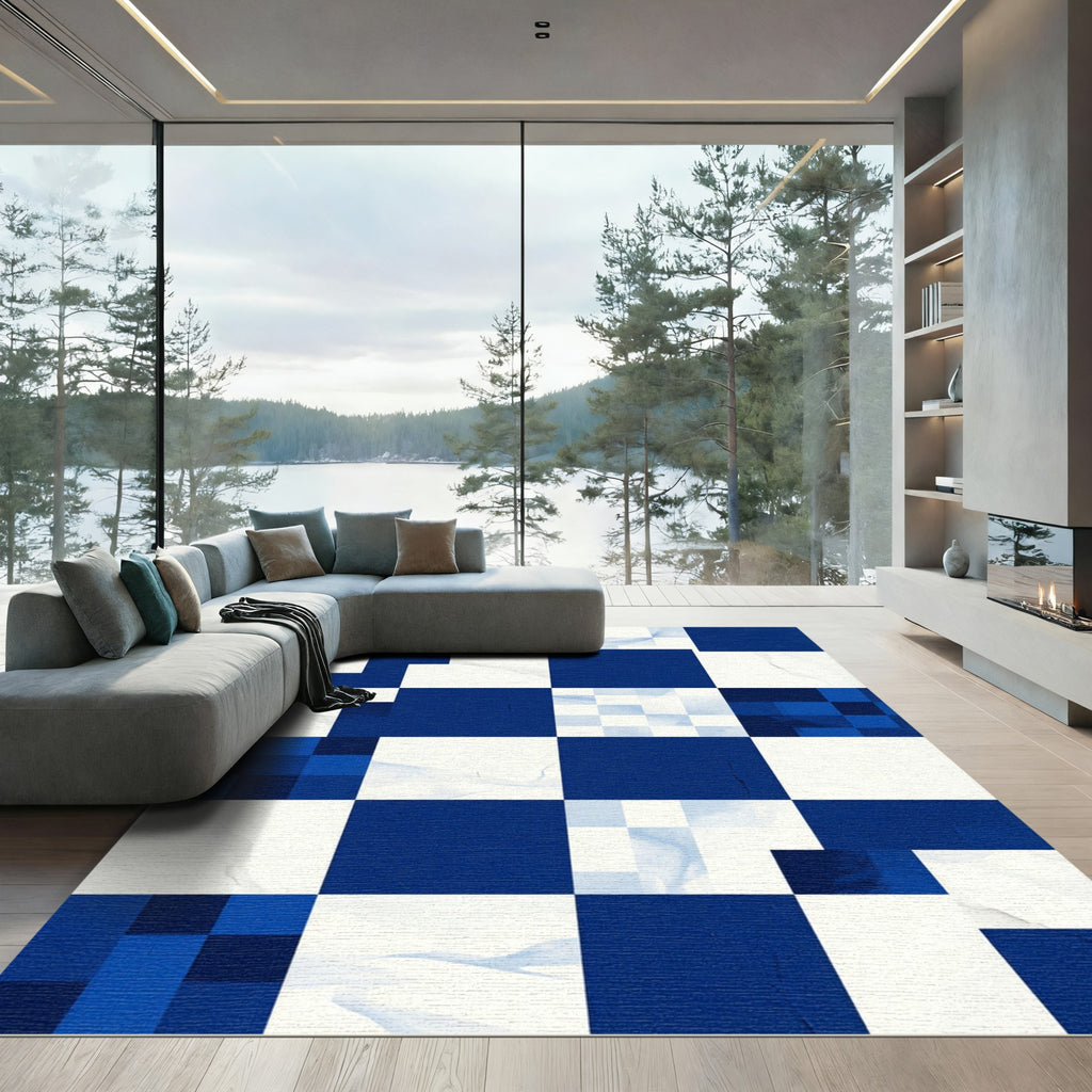 Modern Cobalt and White Geometric Grid Rug