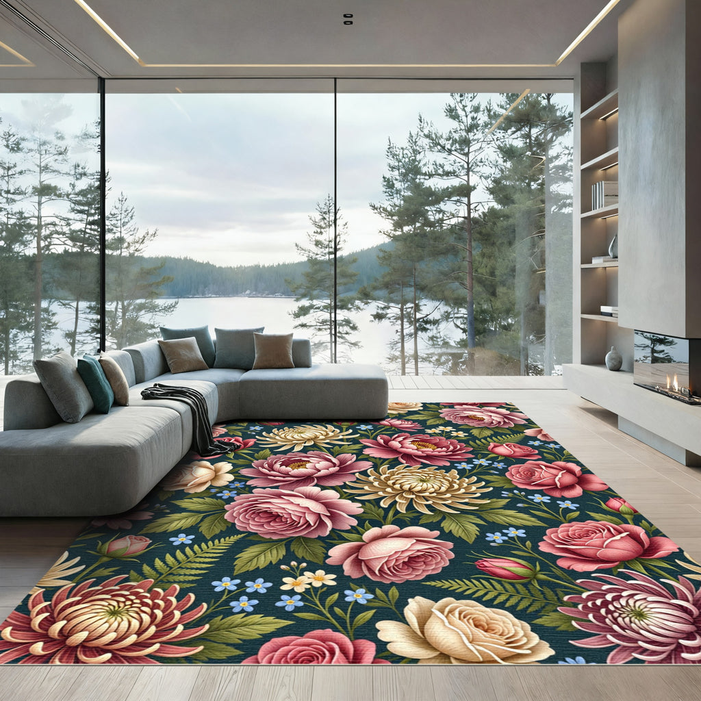 Deep Teal Floral Garden Roses Rug