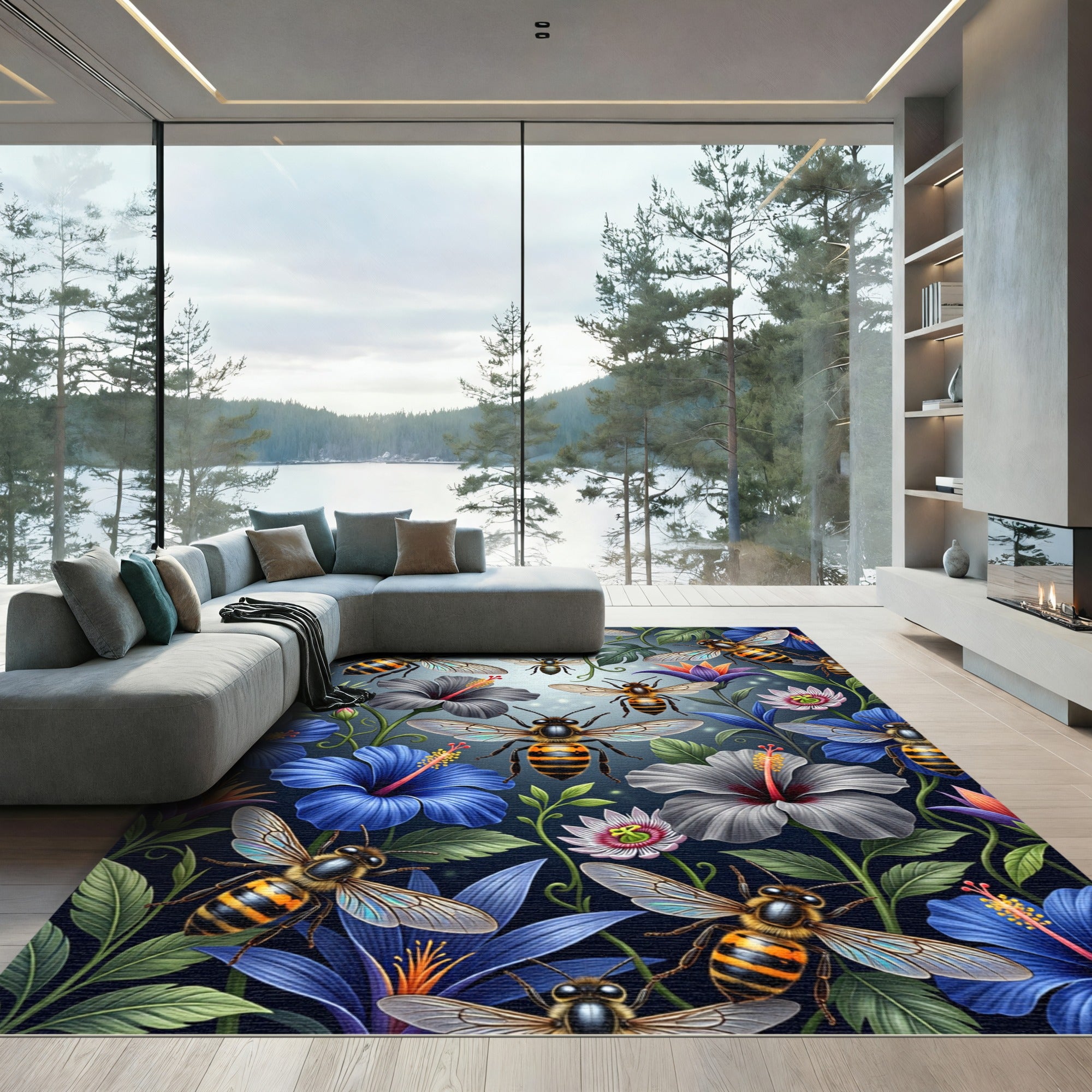 Vibrant Honeybee And Tropical Blossom Garden Rug