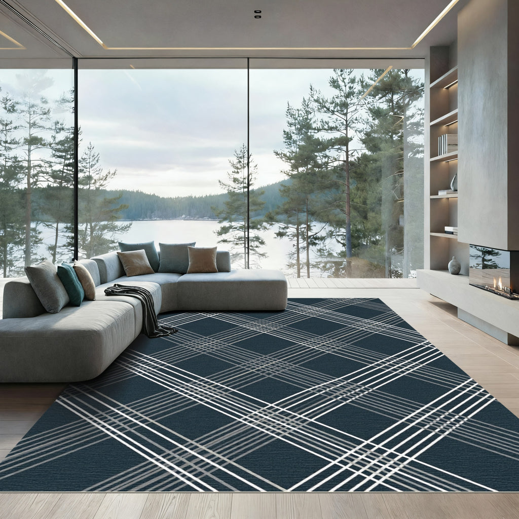 Navy Blue Diagonal Plaid Grid Rug