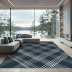 Navy Blue Diagonal Plaid Grid Rug