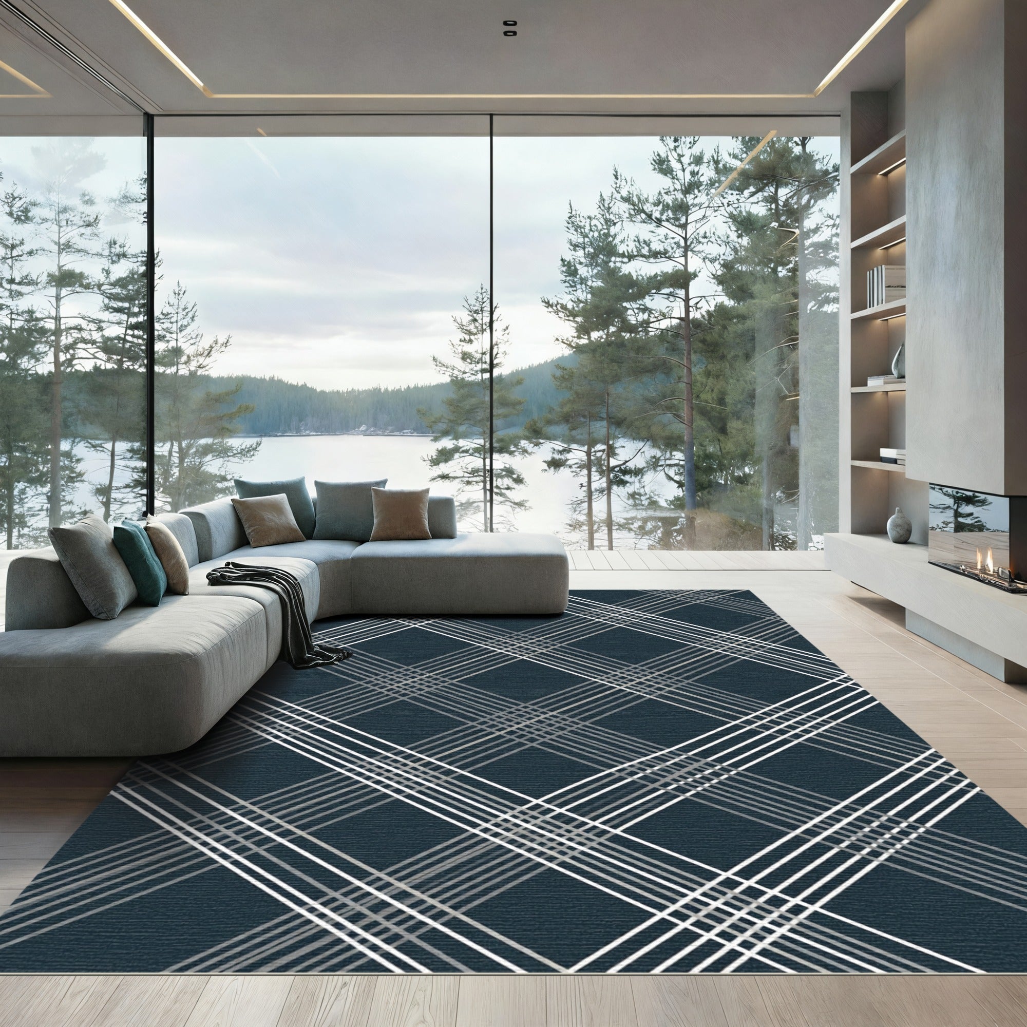 Navy Blue Diagonal Plaid Grid Rug