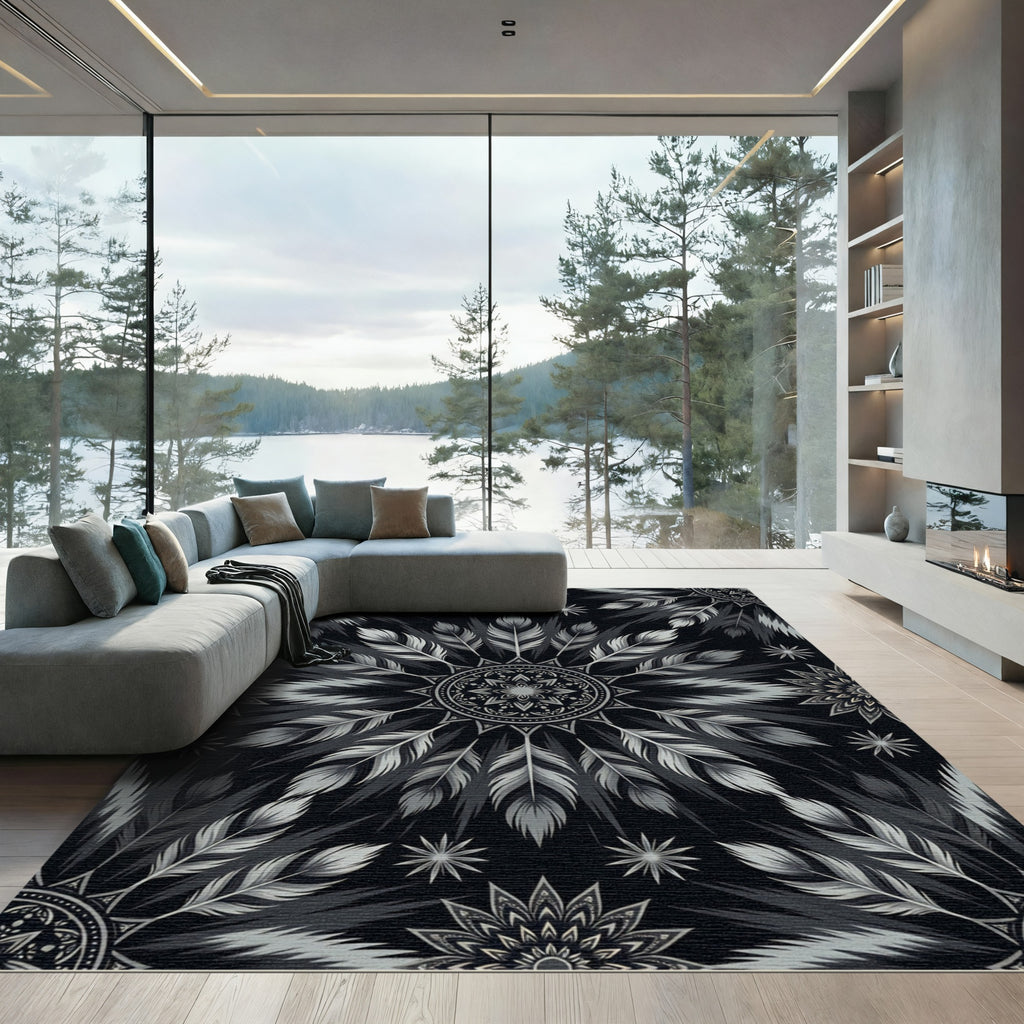 Monochromatic Feather Mandala Starburst Rug