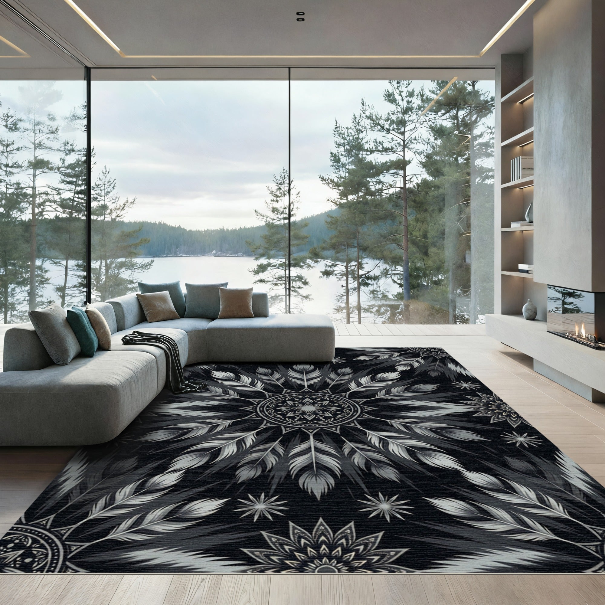 Monochromatic Feather Mandala Starburst Rug