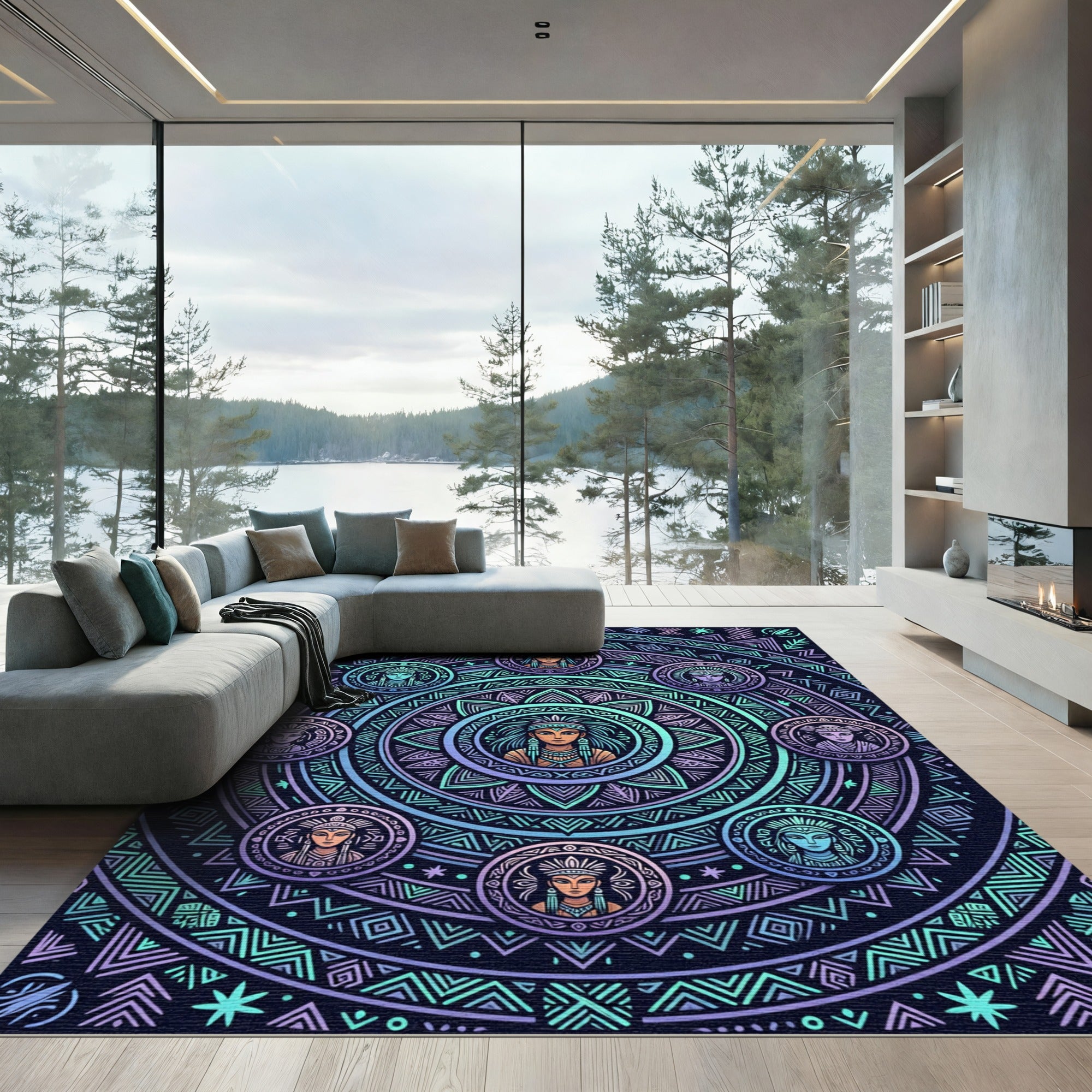 Neon Tribal Mandalas and Celestial Portraits Rug
