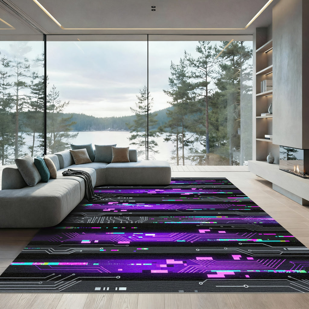 Neon Cyber Circuit Glitch Abstract Art Rug