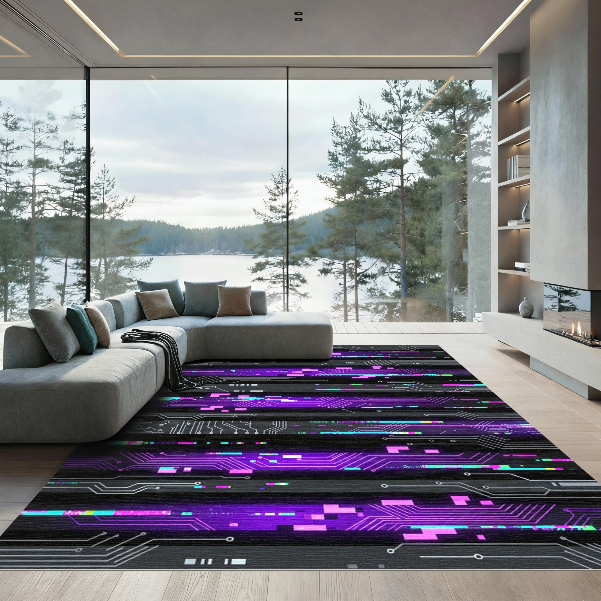 Neon Cyber Circuit Glitch Abstract Art Rug