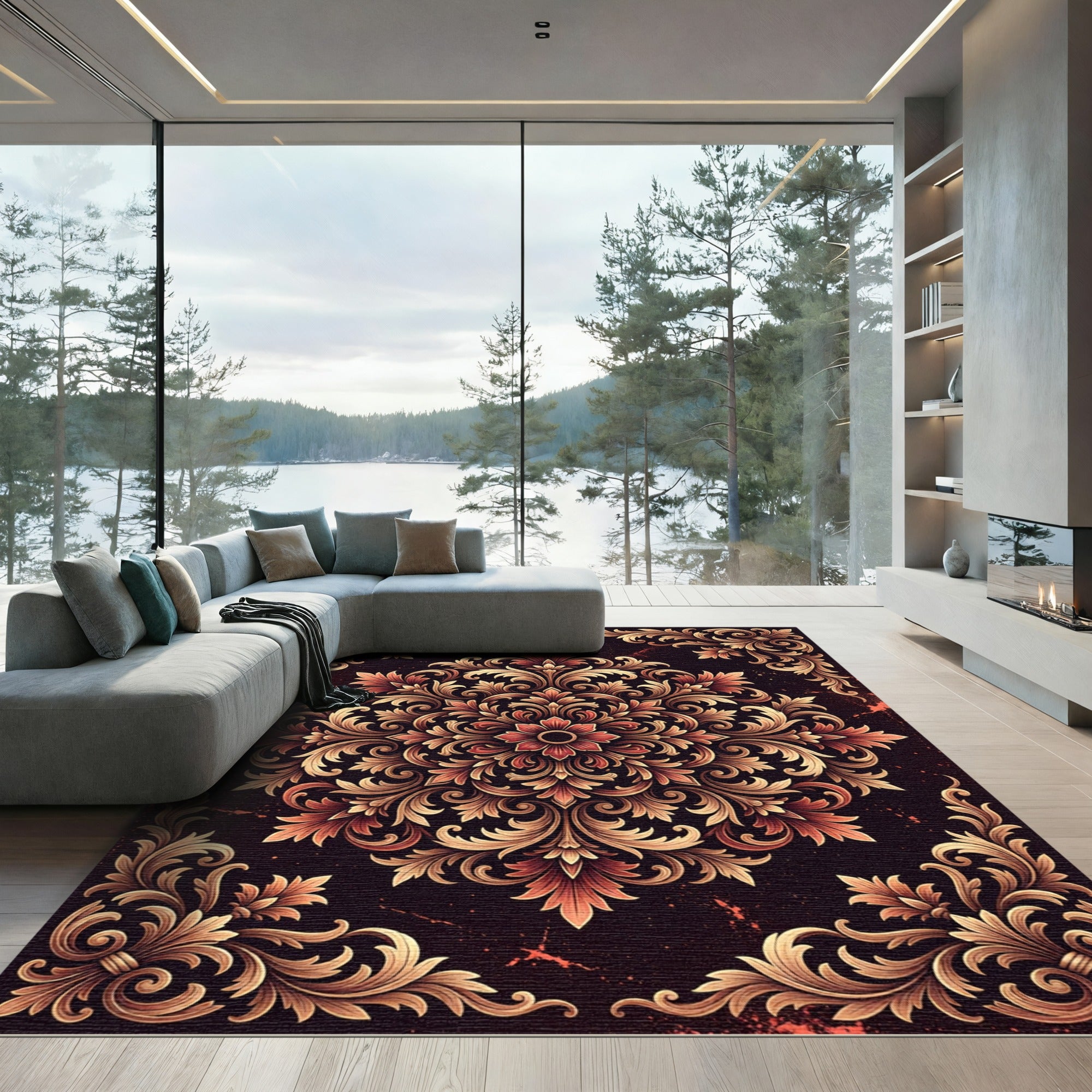 Ornate Gold Floral Damask Medallion Rug