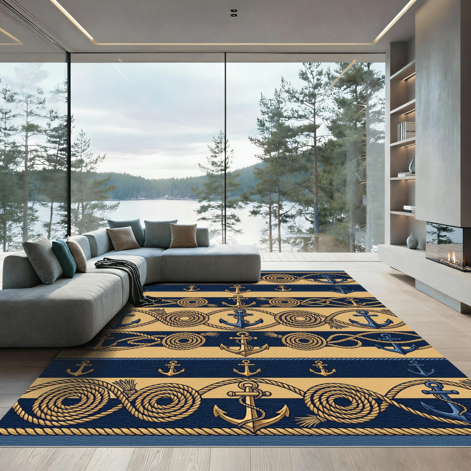 Nautical Navy Gold Anchor Rope Border Rug
