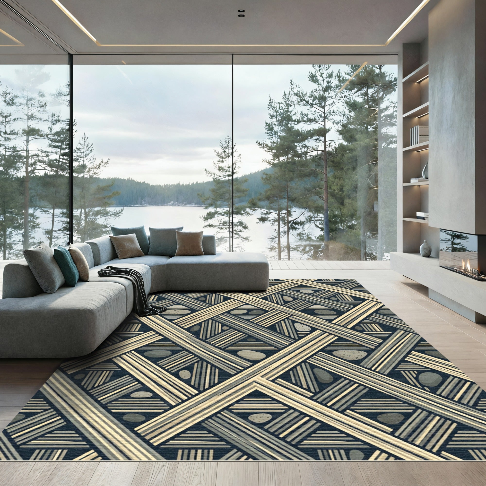 Geometric Stone and Lattice Charcoal Rug