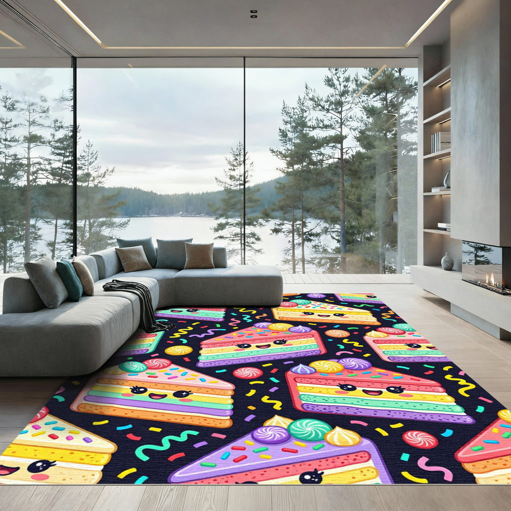 Cute Kawaii Rainbow Cake Slice Illustration Rug