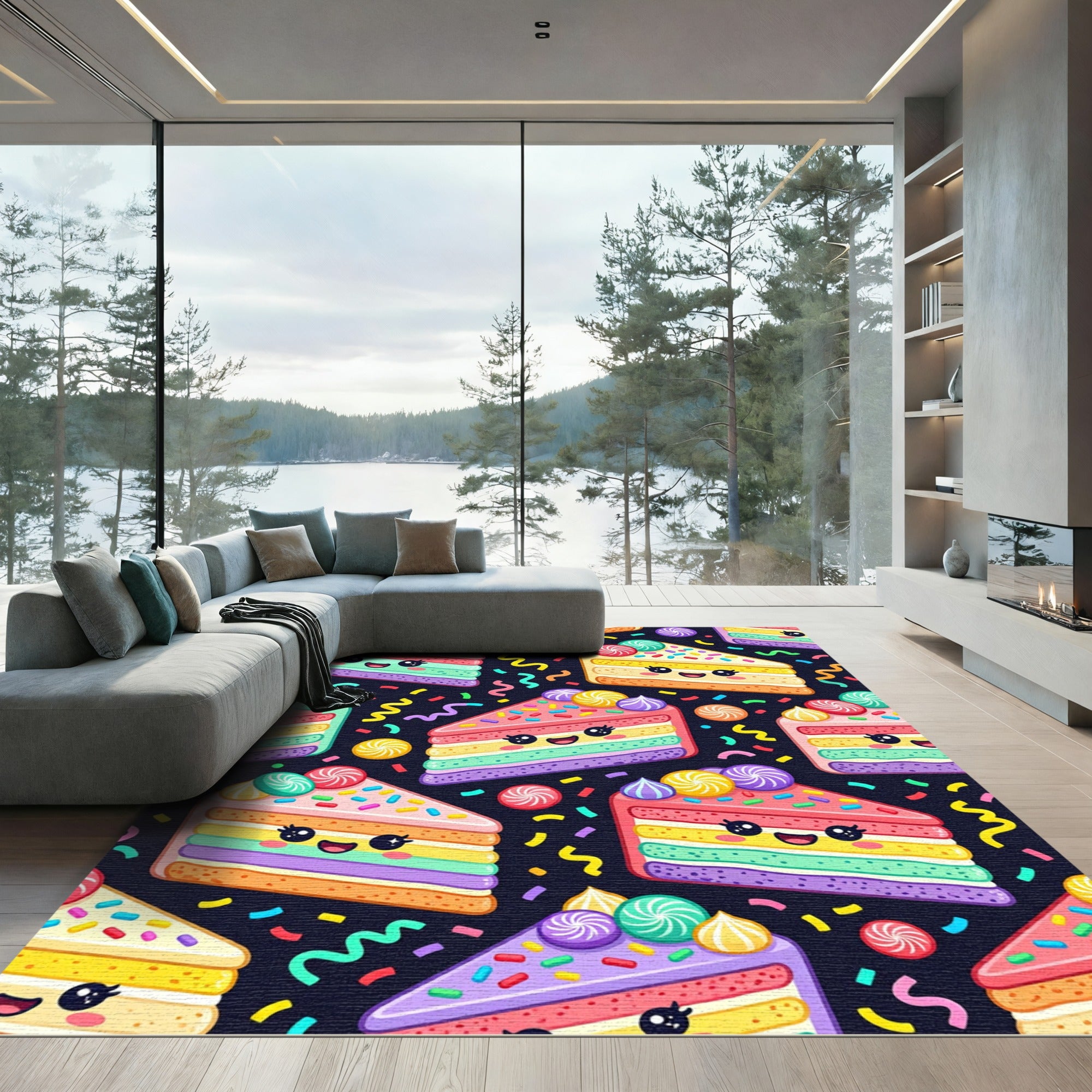 Cute Kawaii Rainbow Cake Slice Illustration Rug